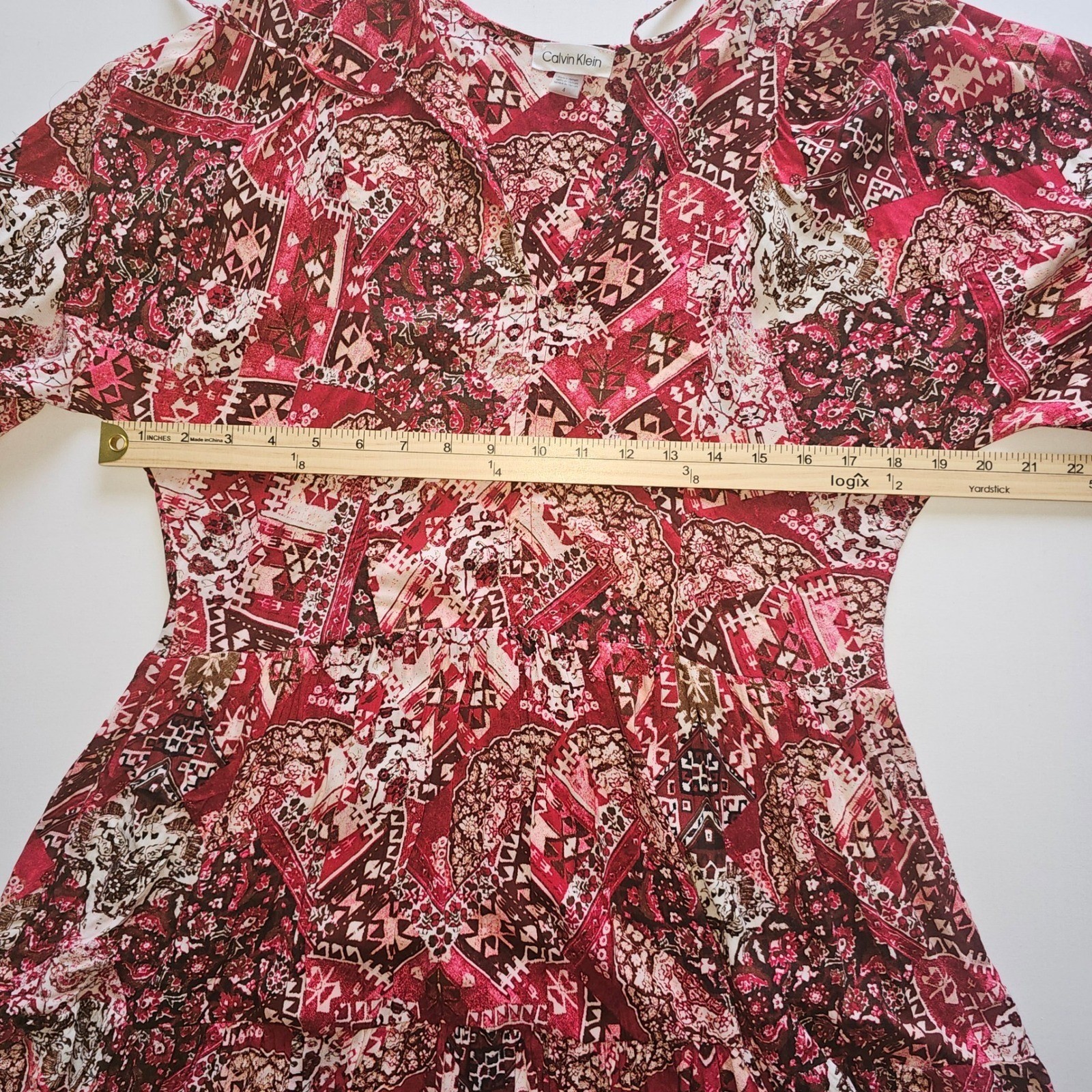 Calvin Klein Women’s Size 4 Boho Midi Dress 3/4 Sleeve Paisley Print Burgundy
