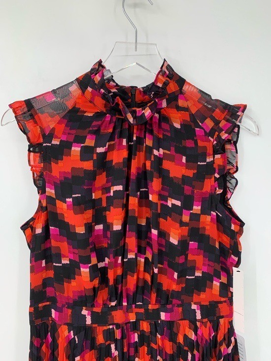 Maggy London Pleated Ruffle Cap Sleeve Midi Dress red pink square shift new 6