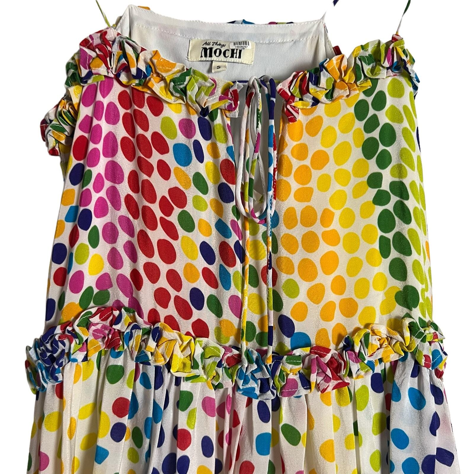 All Things Mochi Blessica Rainbow Polka Dot Print Tiered Silk Mini Dress Sz S