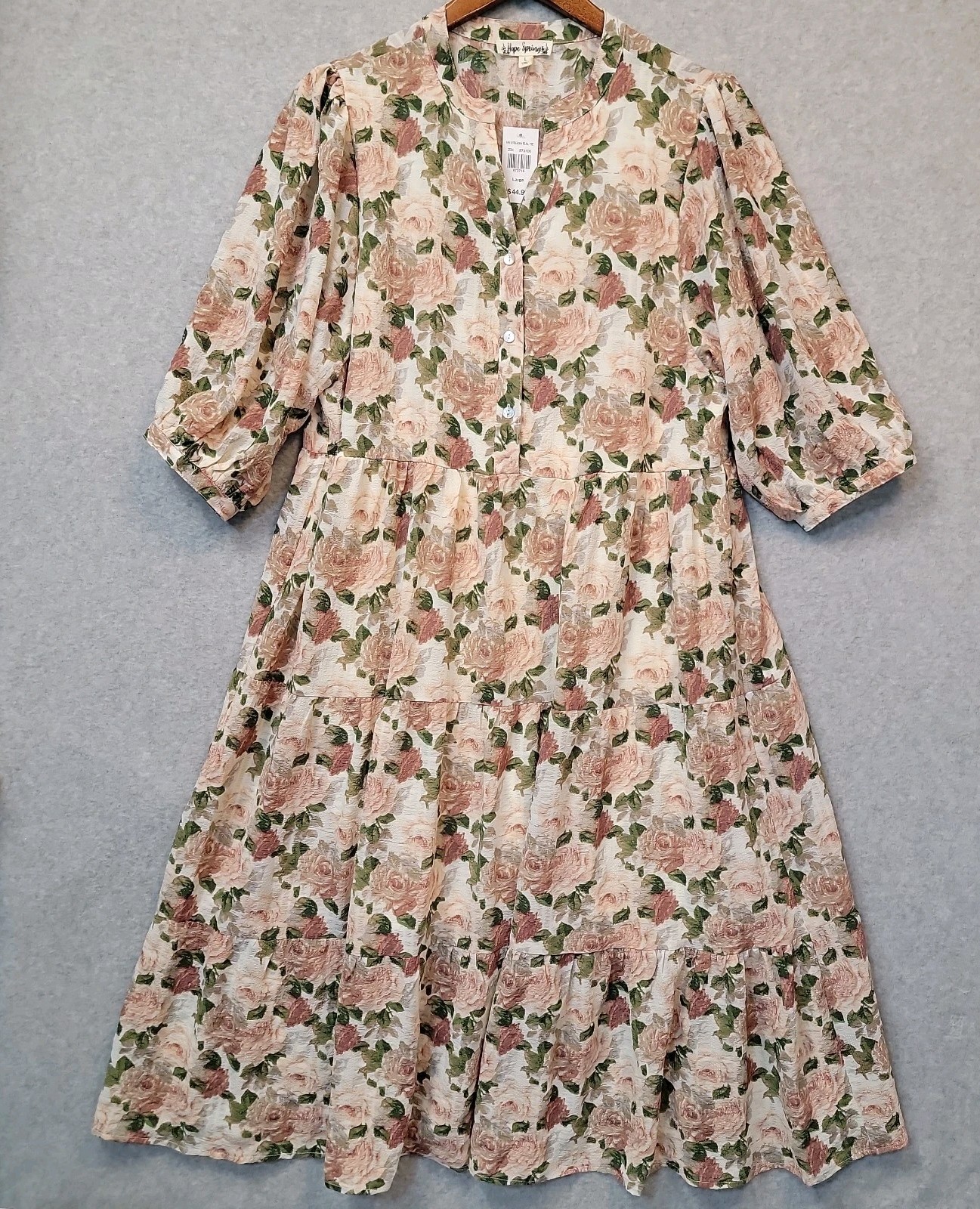 NEW Hope Springs Women’s L Midi Dress Cream Pink Sage Floral 3/4 Sleeves Modest