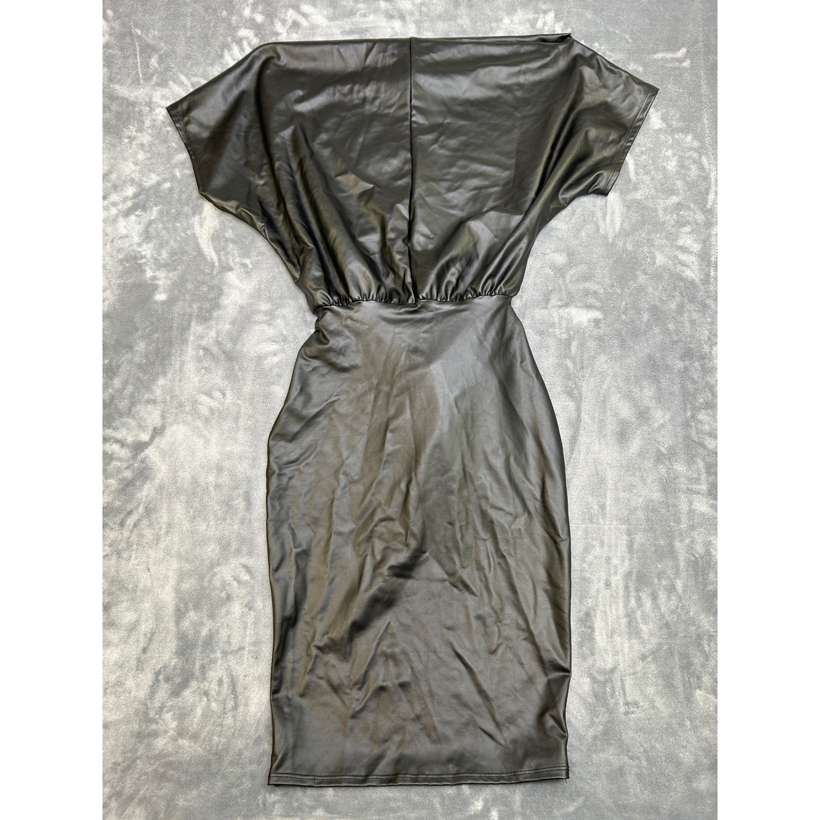 Fashion Nova Black Faux Leather Dolman Sleeve Tie Waist Midi Dress Small D6728