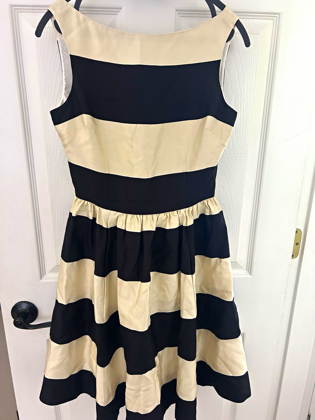 kate spade new york Black/Ivory Striped Fit & Flare V-Neck Dress 0