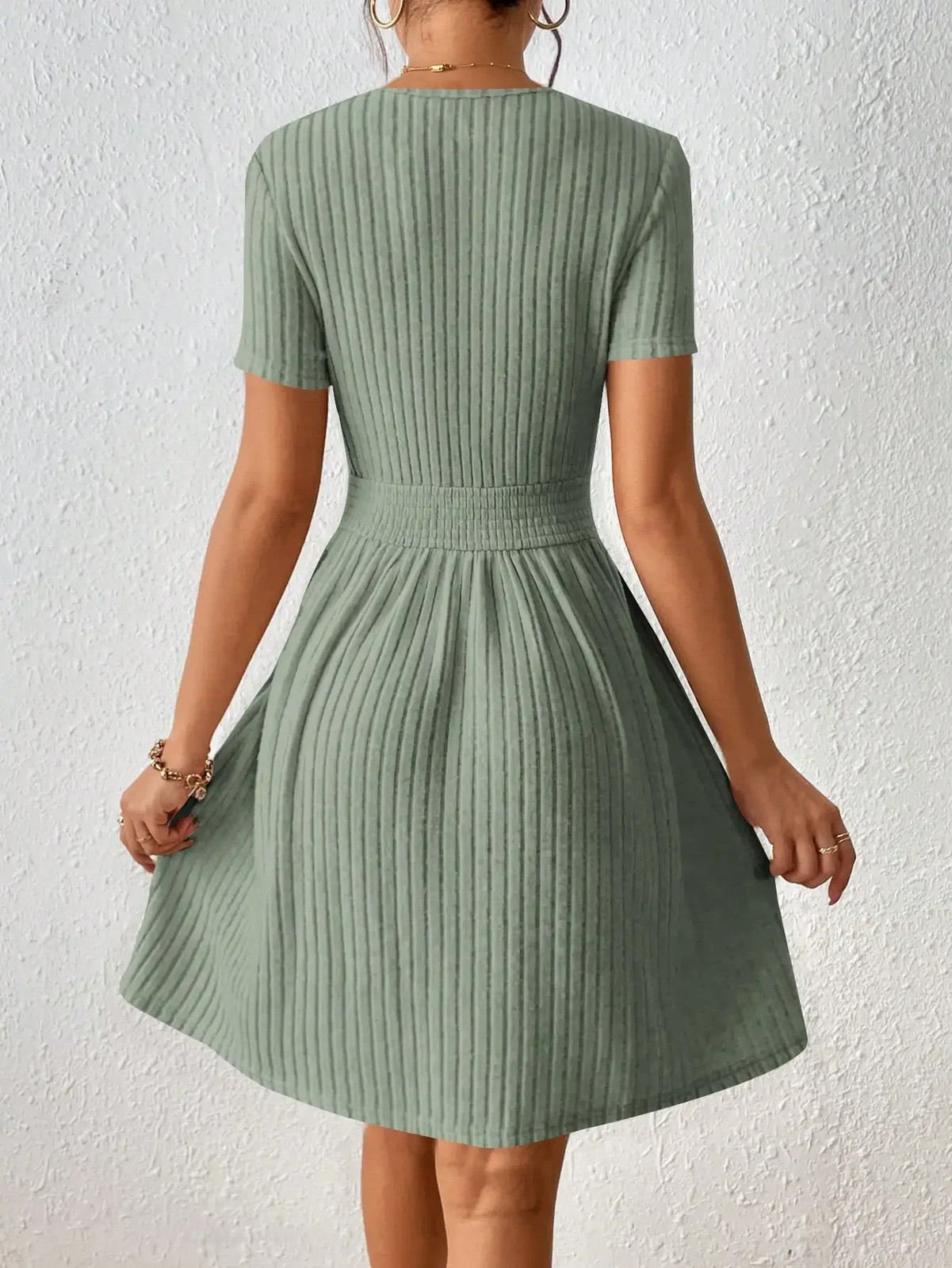 Fashionable Casual Solid Color Ribbed Waist Knitted A-Line Dress New Arrival Com