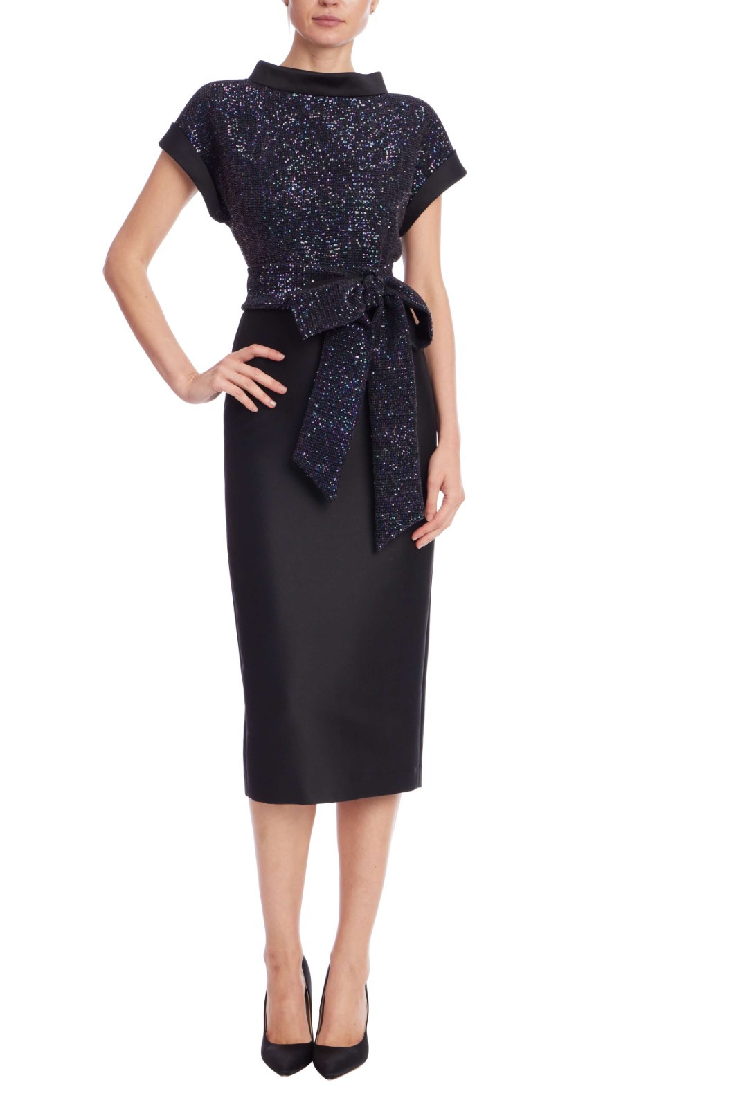 Badgley Mischka Sequin Bow Top Twofer Dress Black sz 8 NWT Modest Day-Dinner LBD