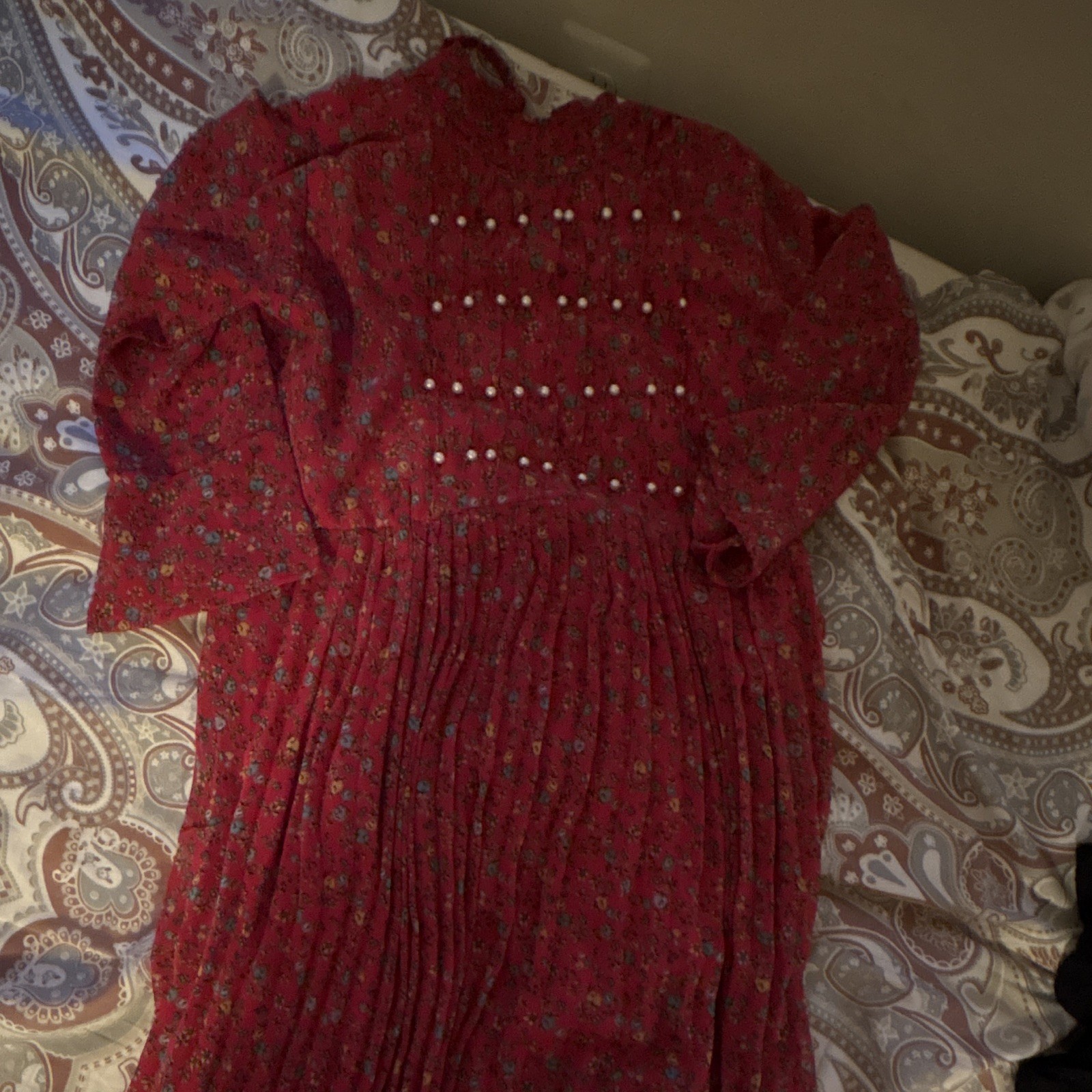Red Floral Long Sleeve Dress with Button Front and Pleated Skirt