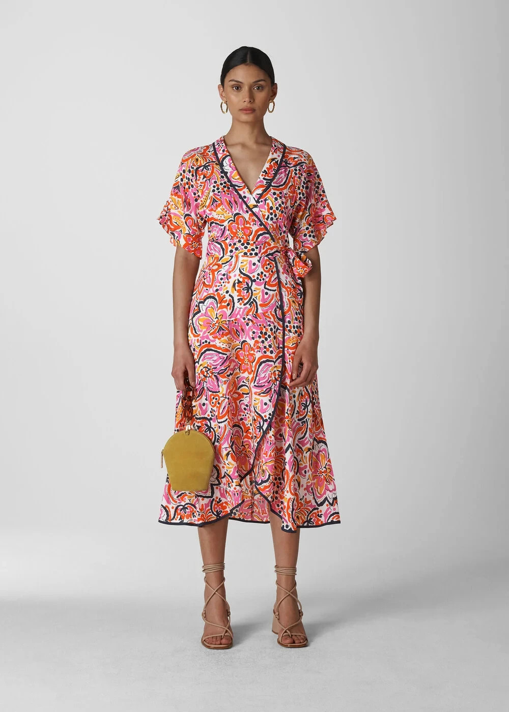 Whistles Pink Multicoloured Art Floral Ruffle Wrap Midi Dress Size 12 RRP £179