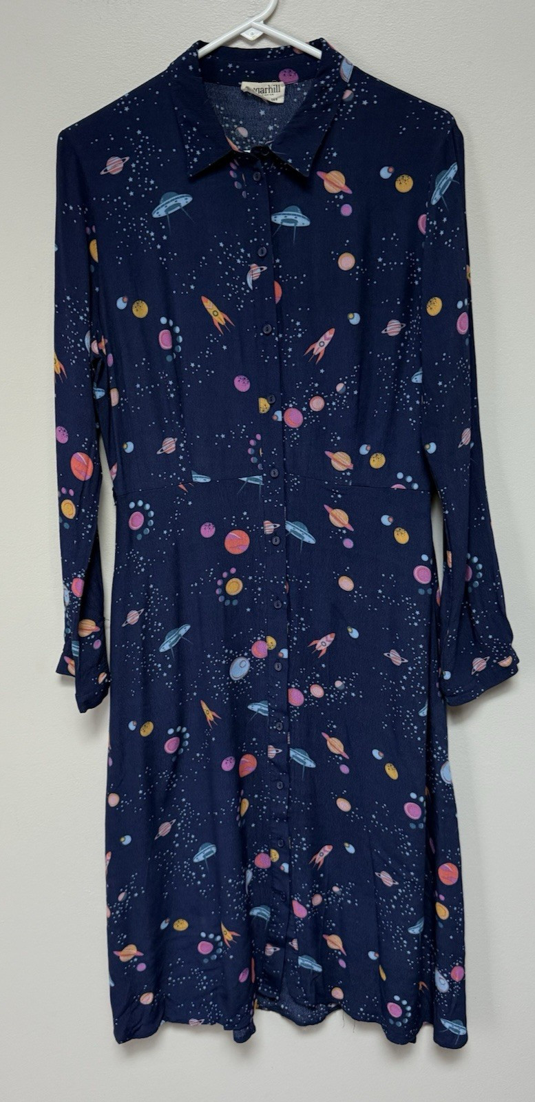 SUGARHILL Brighton Womens Galaxy Dress Size 12 Full Button Midi Navy Modest