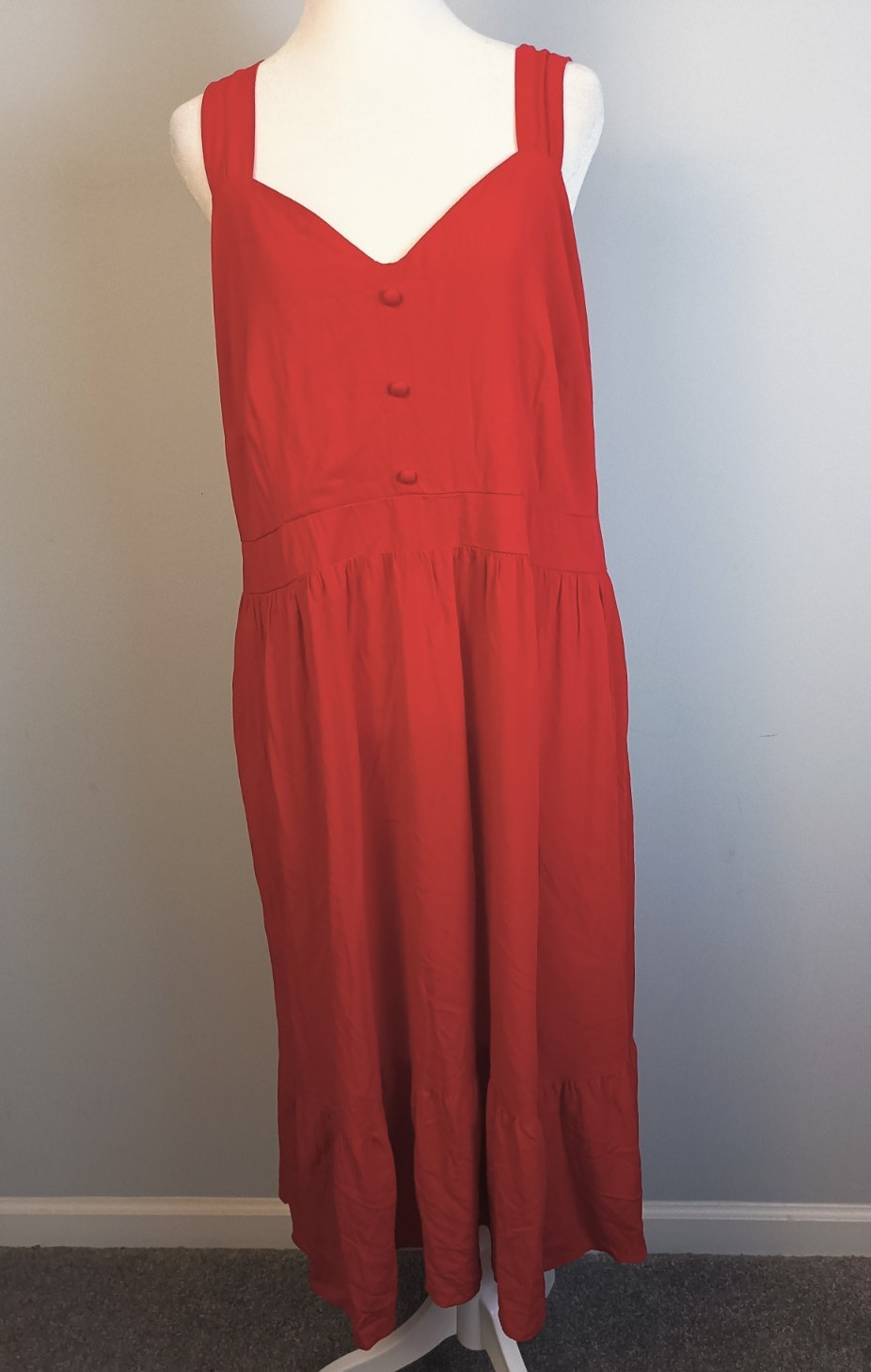 Ava & Viv 1X Red Midi Sundress Pullover Wide Straps Stretch Ruffle Bottom