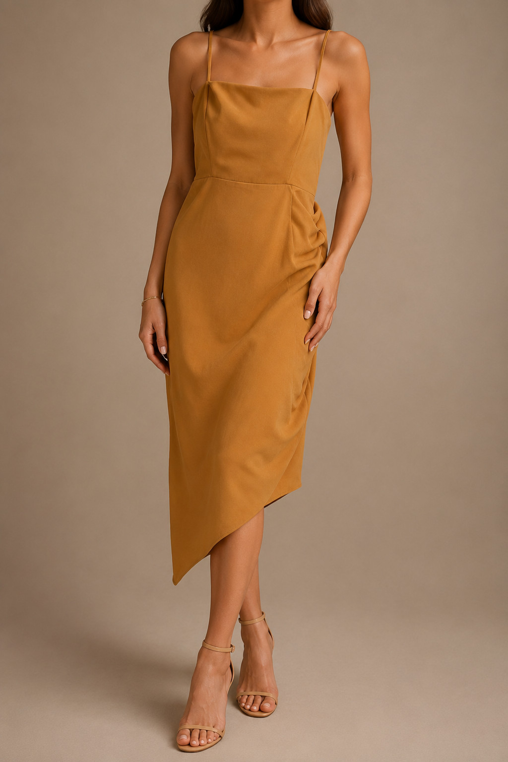 Gianni Bini Camel Asymmetrical Midi Dress Ruched Bodycon Cowl Neck Strappy Small