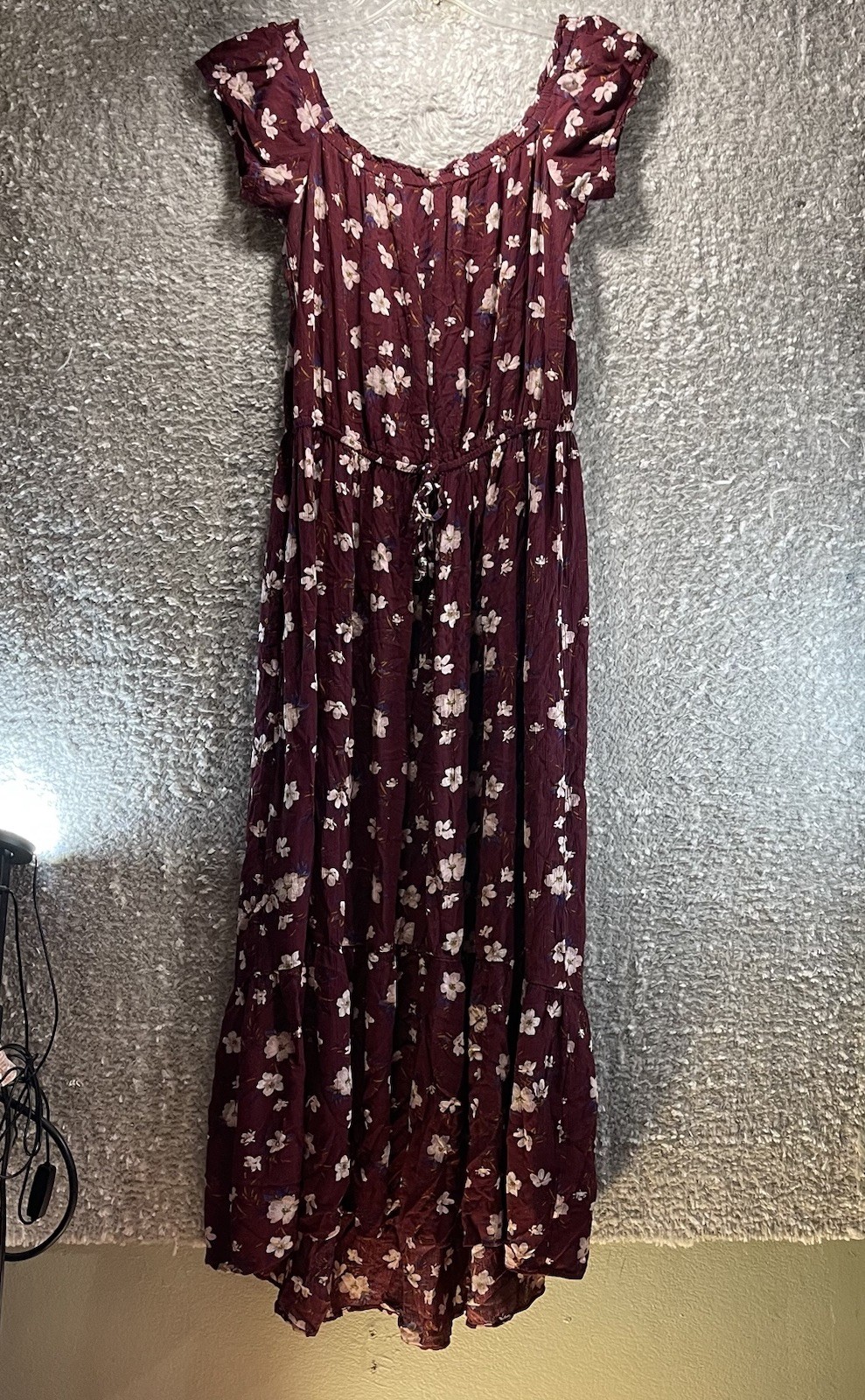 Hollister Maroon Floral Baby Doll Tiered Maxi Dress L Viscose Fairy Bohemian Y2K
