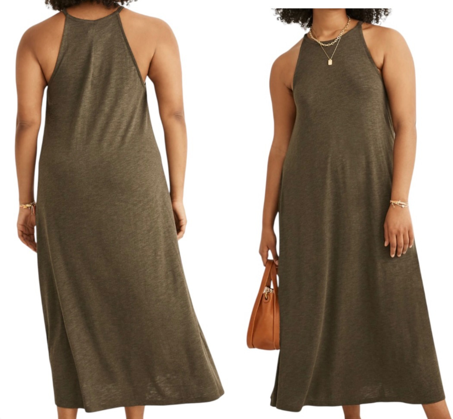 MADEWELL Heather Dried Olive Knit CAMI TANK MIDI DRESS Minimalist Halter SZ XXS