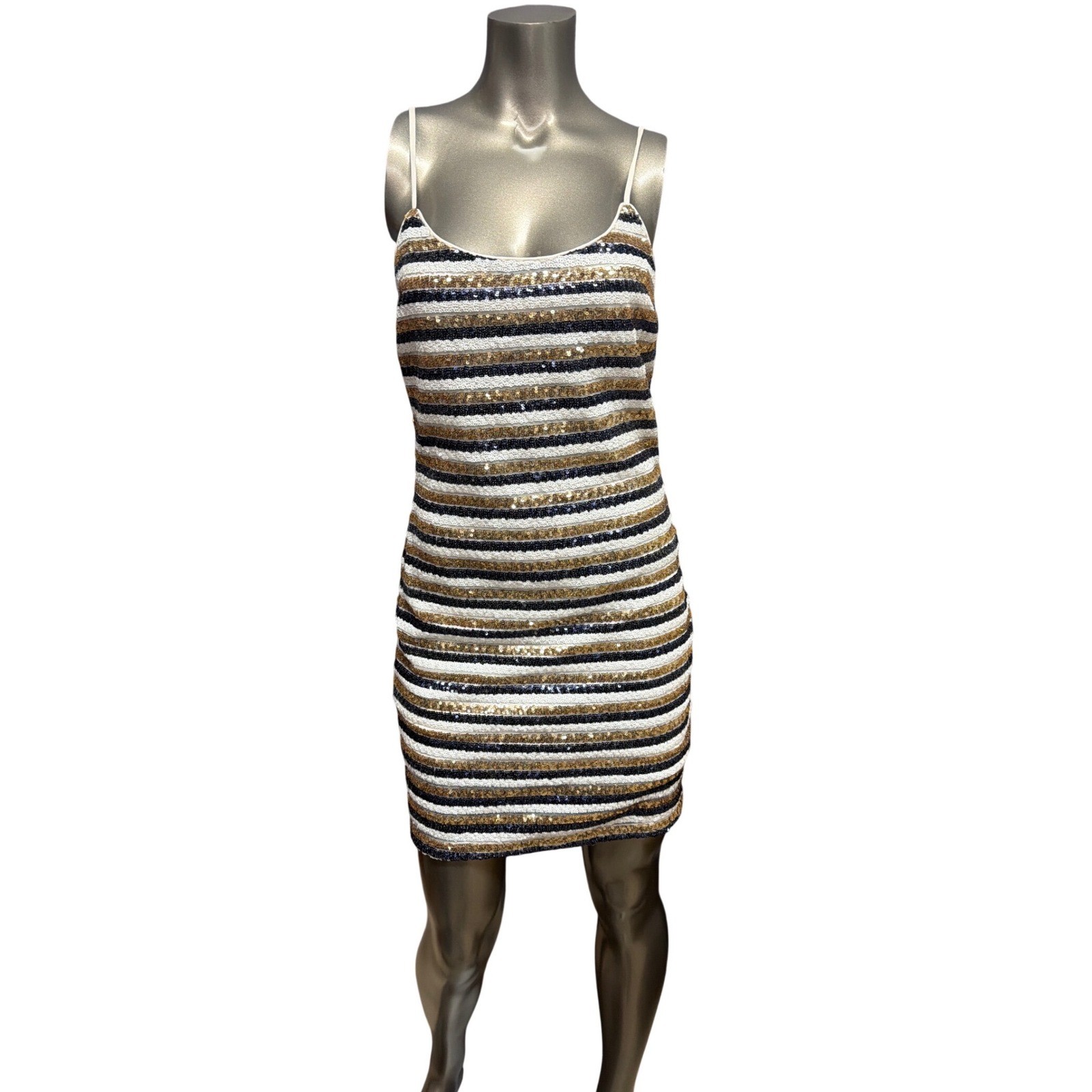 Just Me Womens Striped Sequin Bodycon Mini Dress Gold Navy White Small