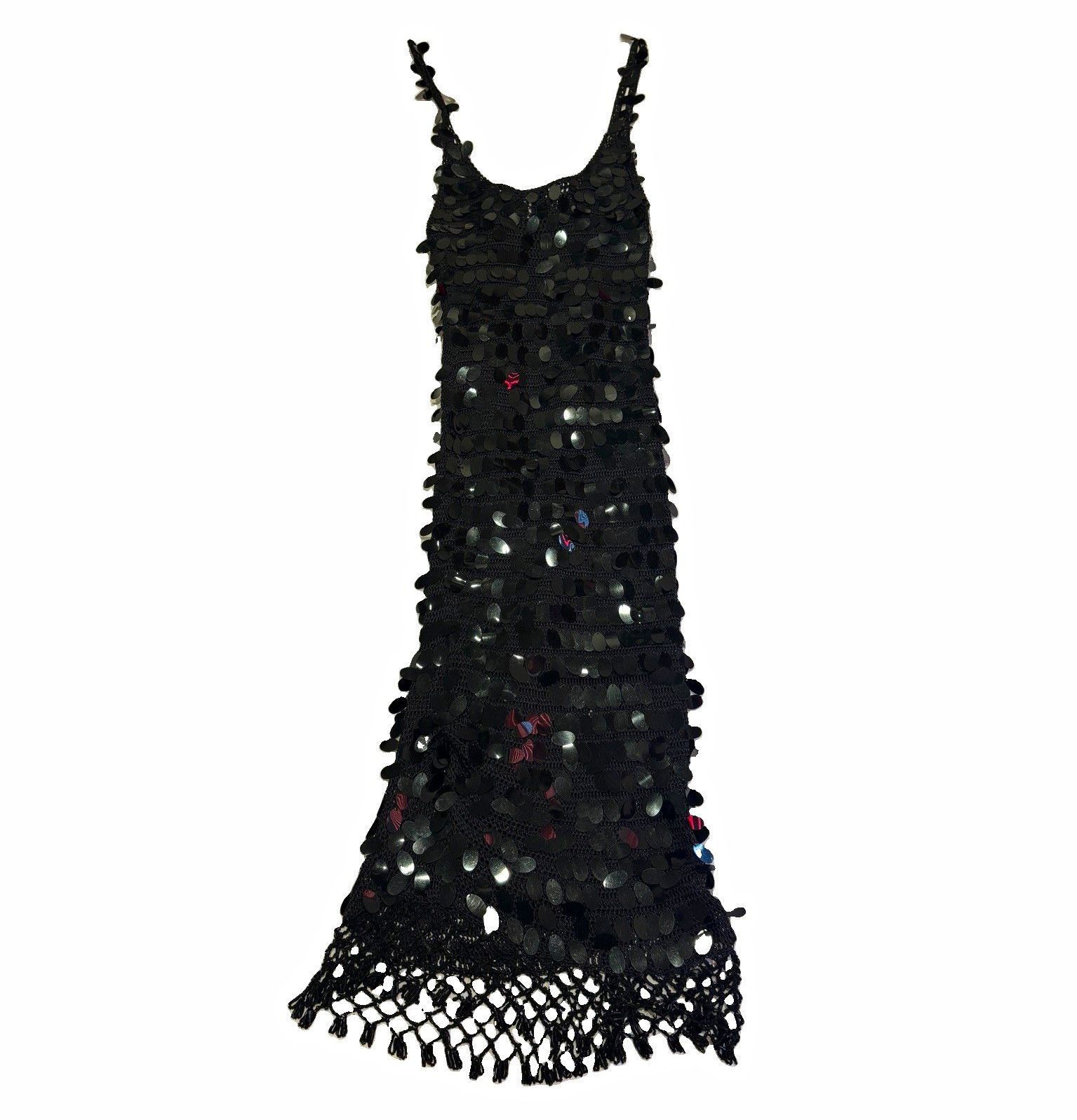Forever 21 Black Sequin Crochet Fringe Strappy Maxi Slip Dress Party Size 21