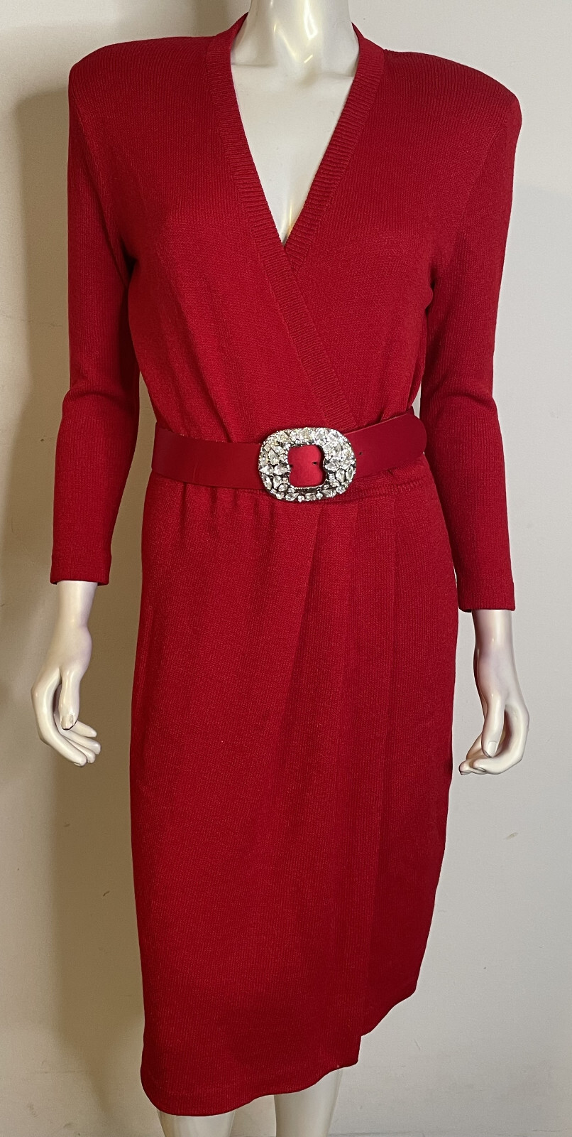 Vintage St John Bright Red Surplice Wrap V Neck Dress 4 Rhinestone Belt Buckle
