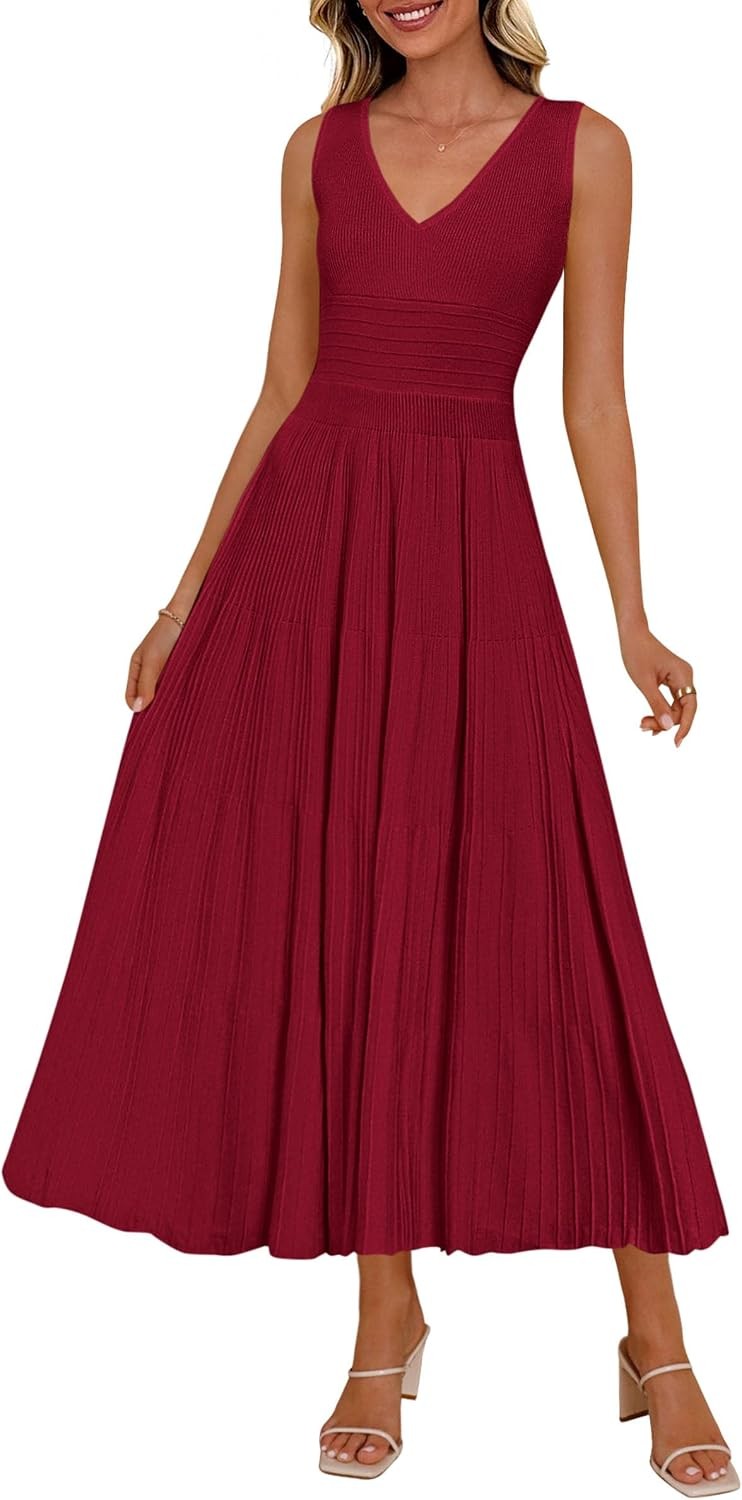 Summer Dresses for Women 2026 Spring Casual Sleeveless V Neck Pleated Midi Work