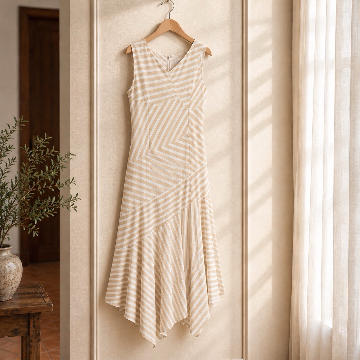 Calvin Klein Beige/White Striped V-Neck Sleeveless A-Line Midi Dress S