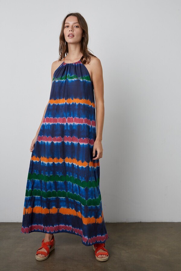VELVET By Graham & Spencer Valda Stripe Tie Dye Print Maxi Dress Blue S $257 C1