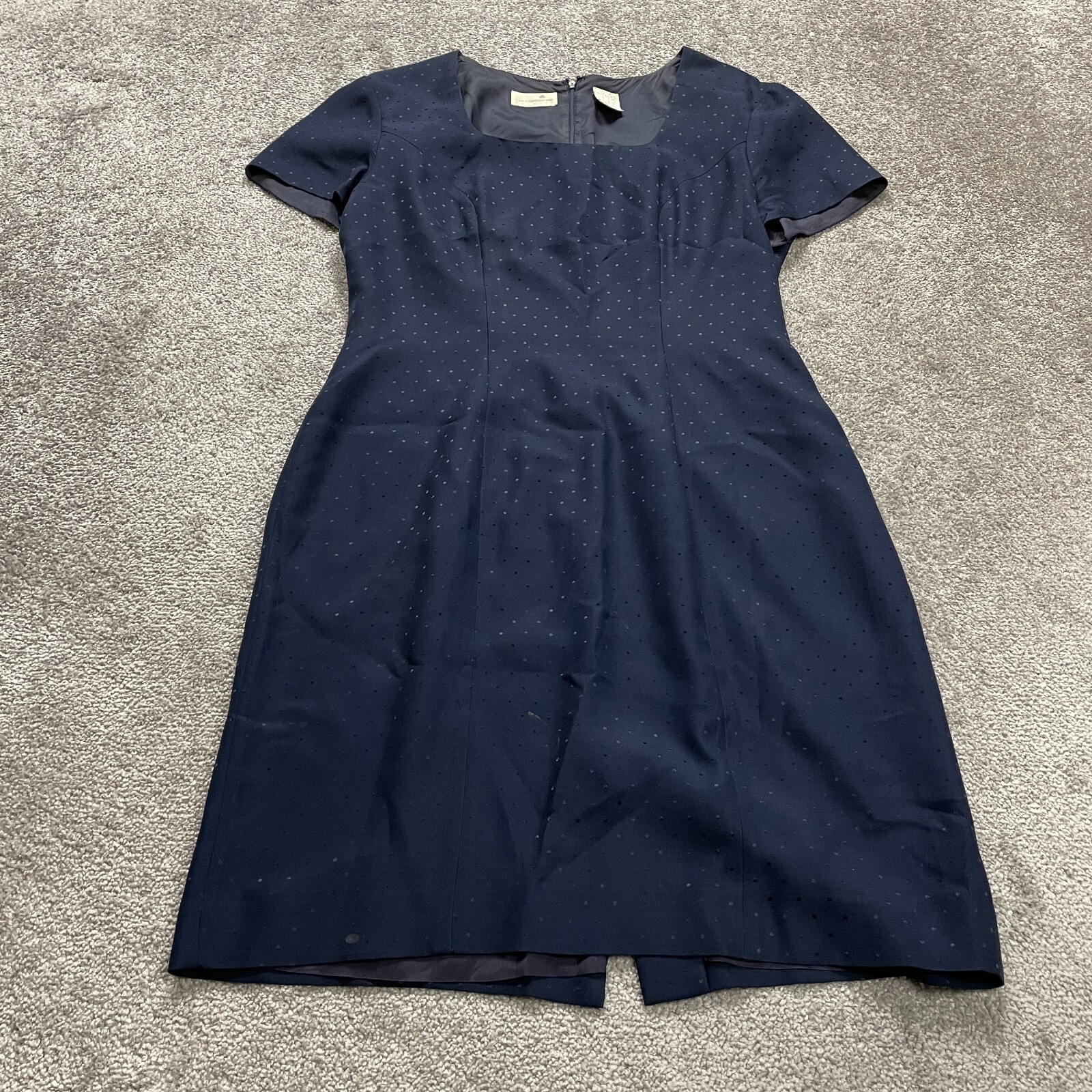 Liz Claiborne Sheath Dress Womens 14 Navy Blue Lined Back Slit Knee Length Work