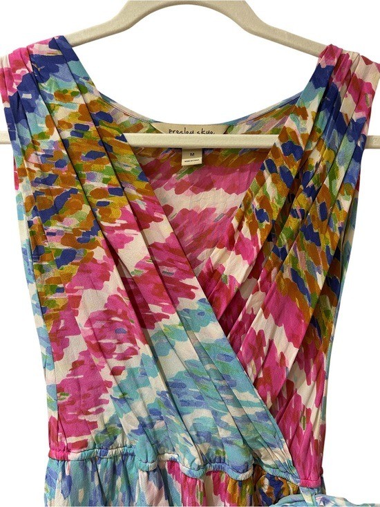 Presley & Skye Silk Pink, Blue & Mustard Abstract Faux Wrap Dress. Medium