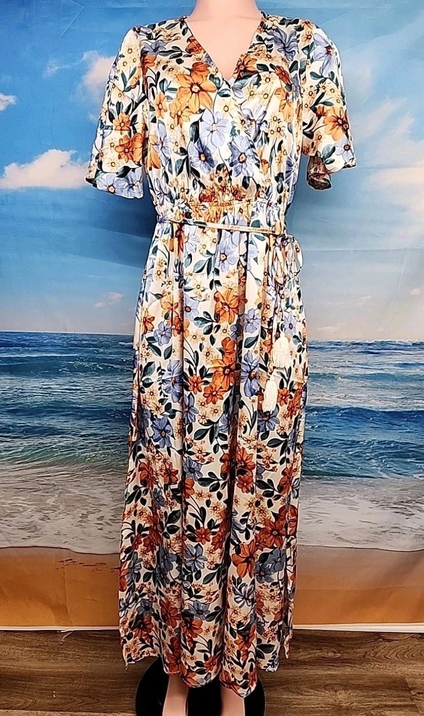 Vintage Maxi Dress Womens Small Colorful Floral Print Belted Long Sleeve 70s