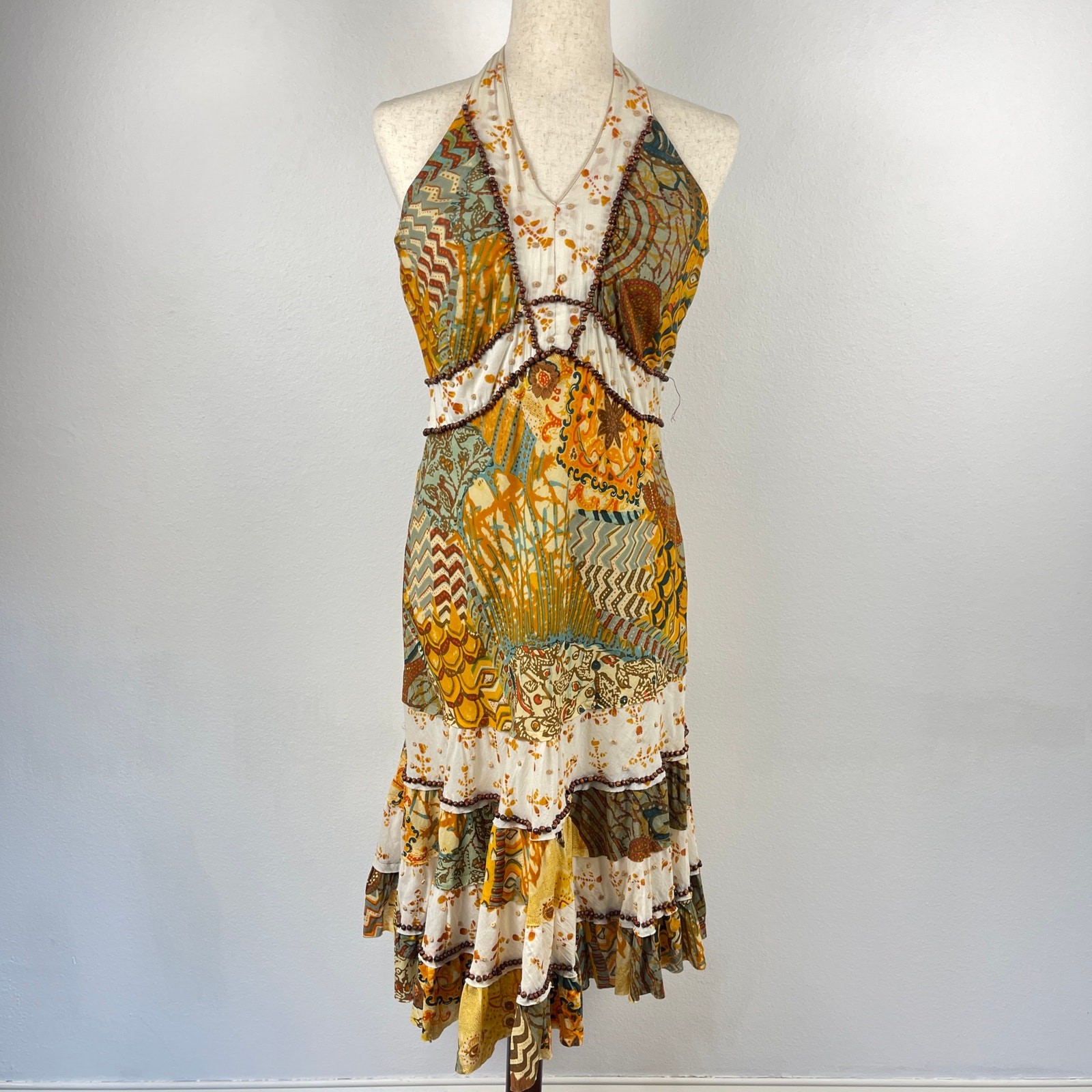 Alberto Makali Halter Cotton Brown Yellow Printed Beaded Boho Dress Women’s 8
