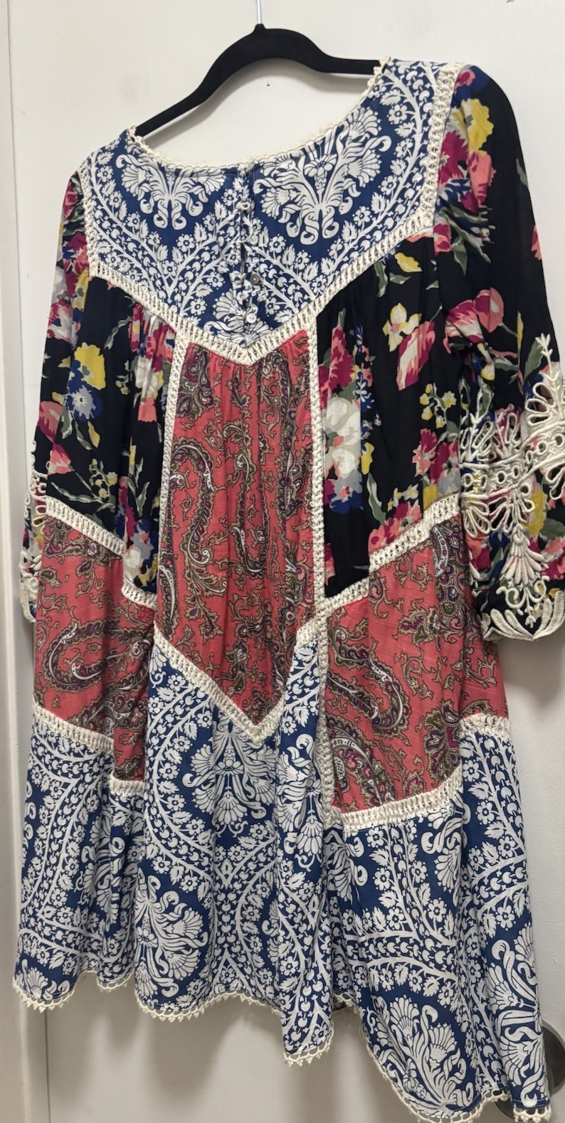 Vanessa Virginia Multi Floral Patchwork Lace Embroidered Trim Bohemian Dress 8P