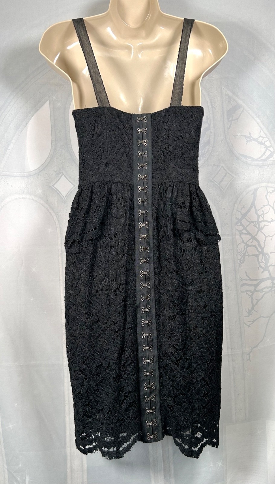 Whistles gothic black lace overlay sleeveless corset-style peplum waist dress, 8