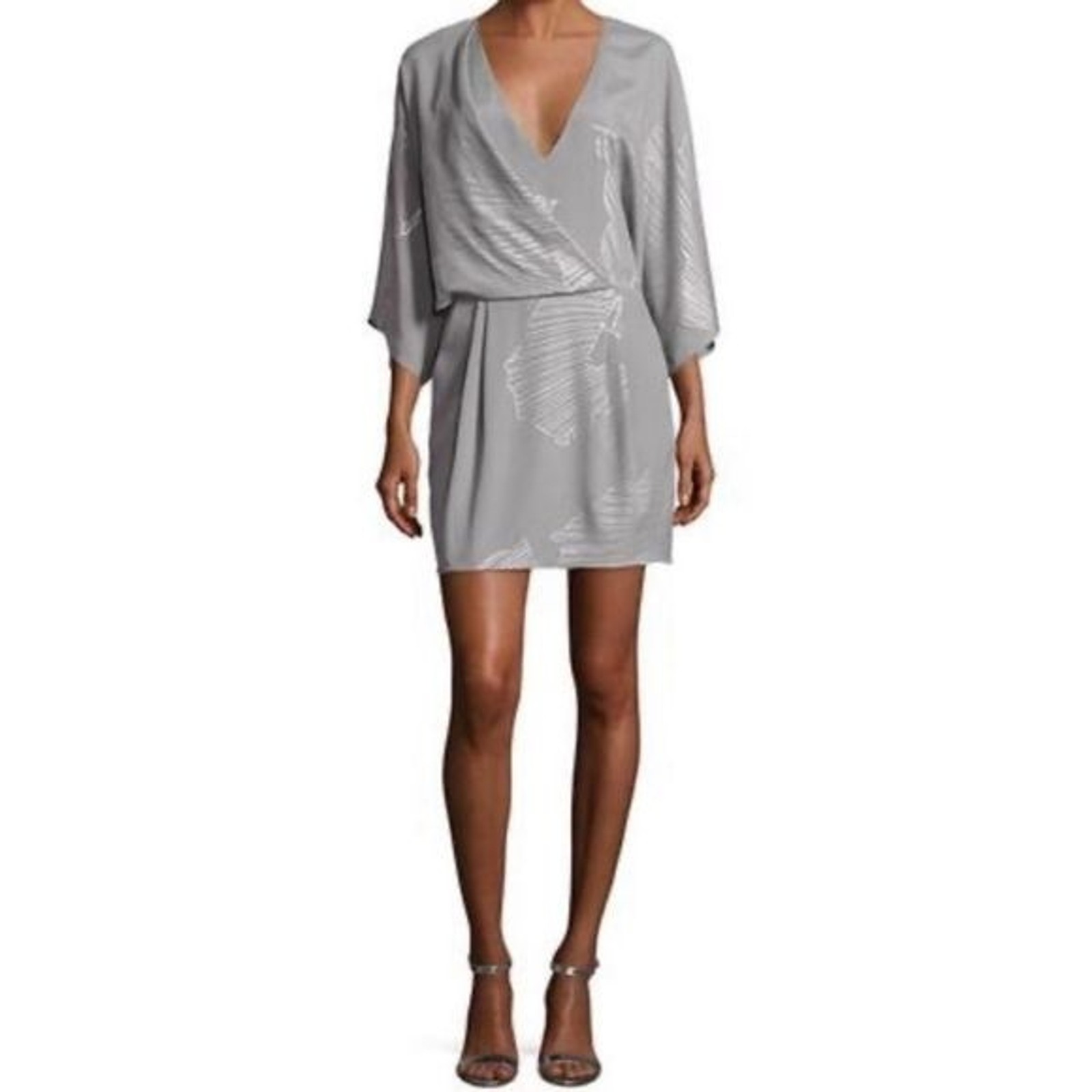 Halston Heritage grey metallic kimono sleeve mini dress pockets size 8 MSRP $375