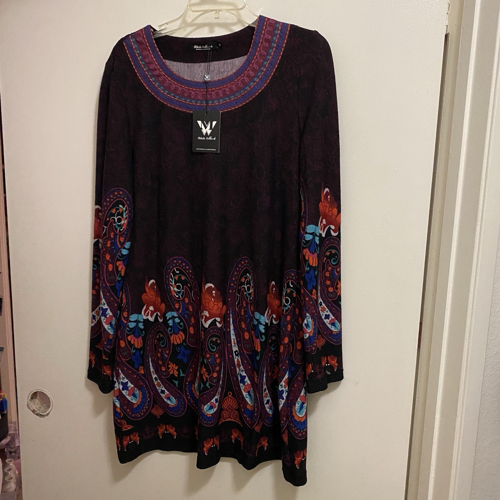 White Mark Womens Mini Dress XL Tunic Black & Burgundy Embroidered Neck Boho NWT