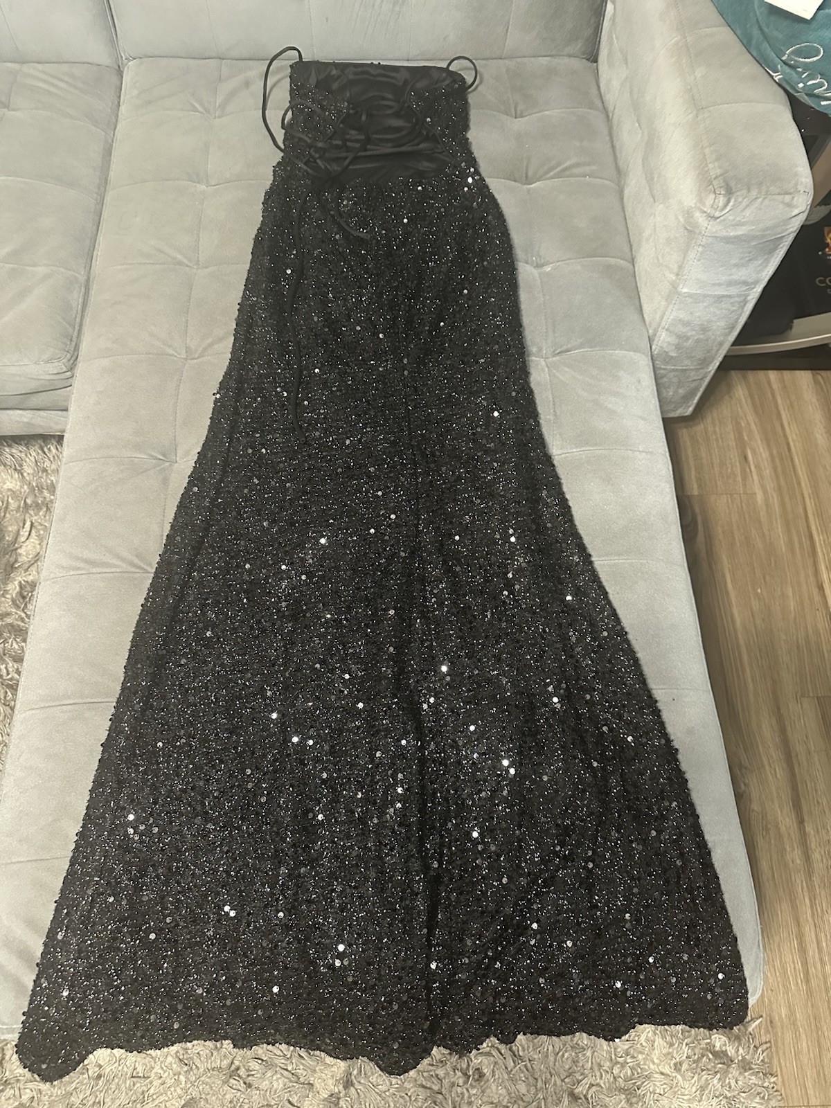 Beautiful black, full length, sequined prom dress with lace up back Size Xs