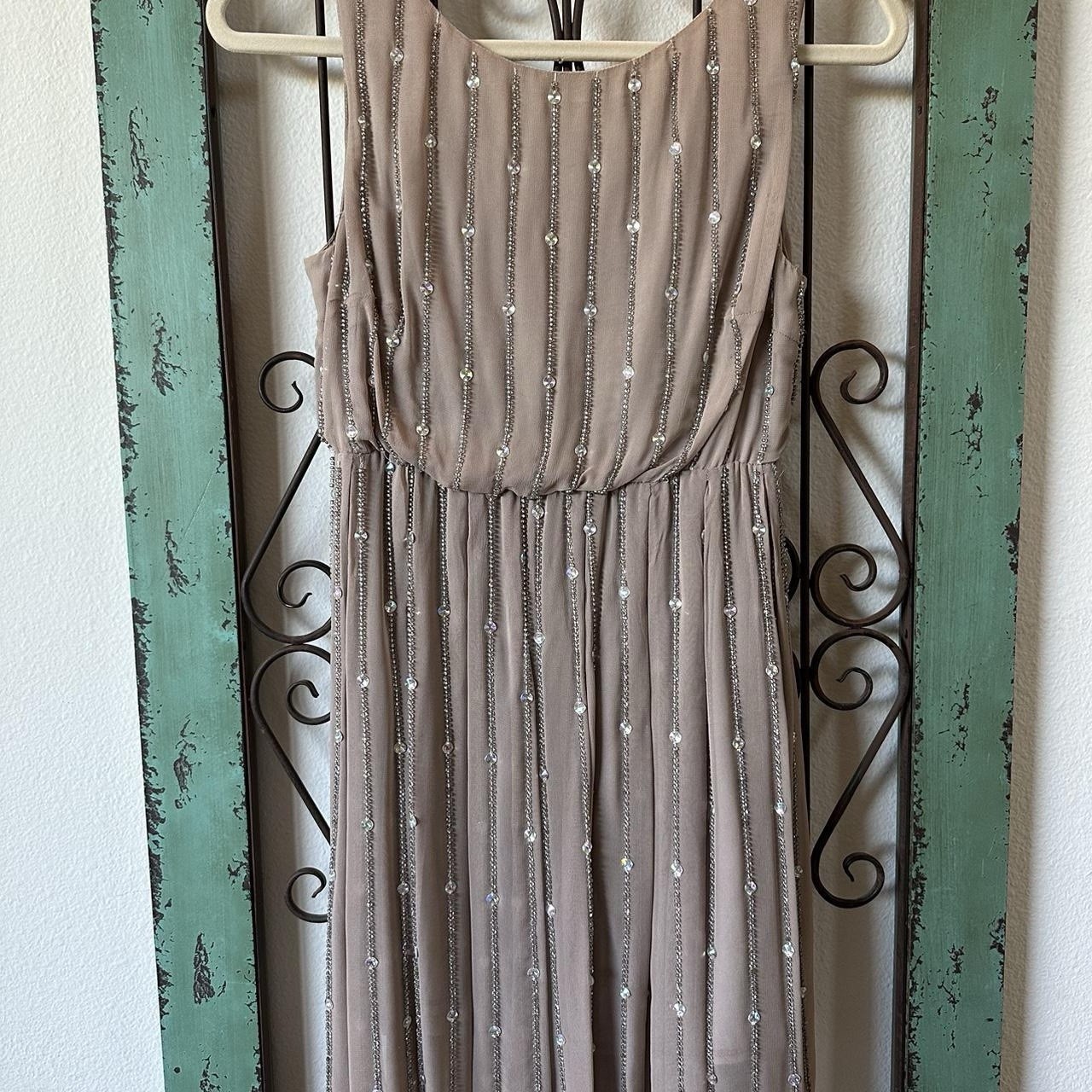 Champagne Taupe Rhinestone Beaded Goddess Dress Open Back Pleated Forma