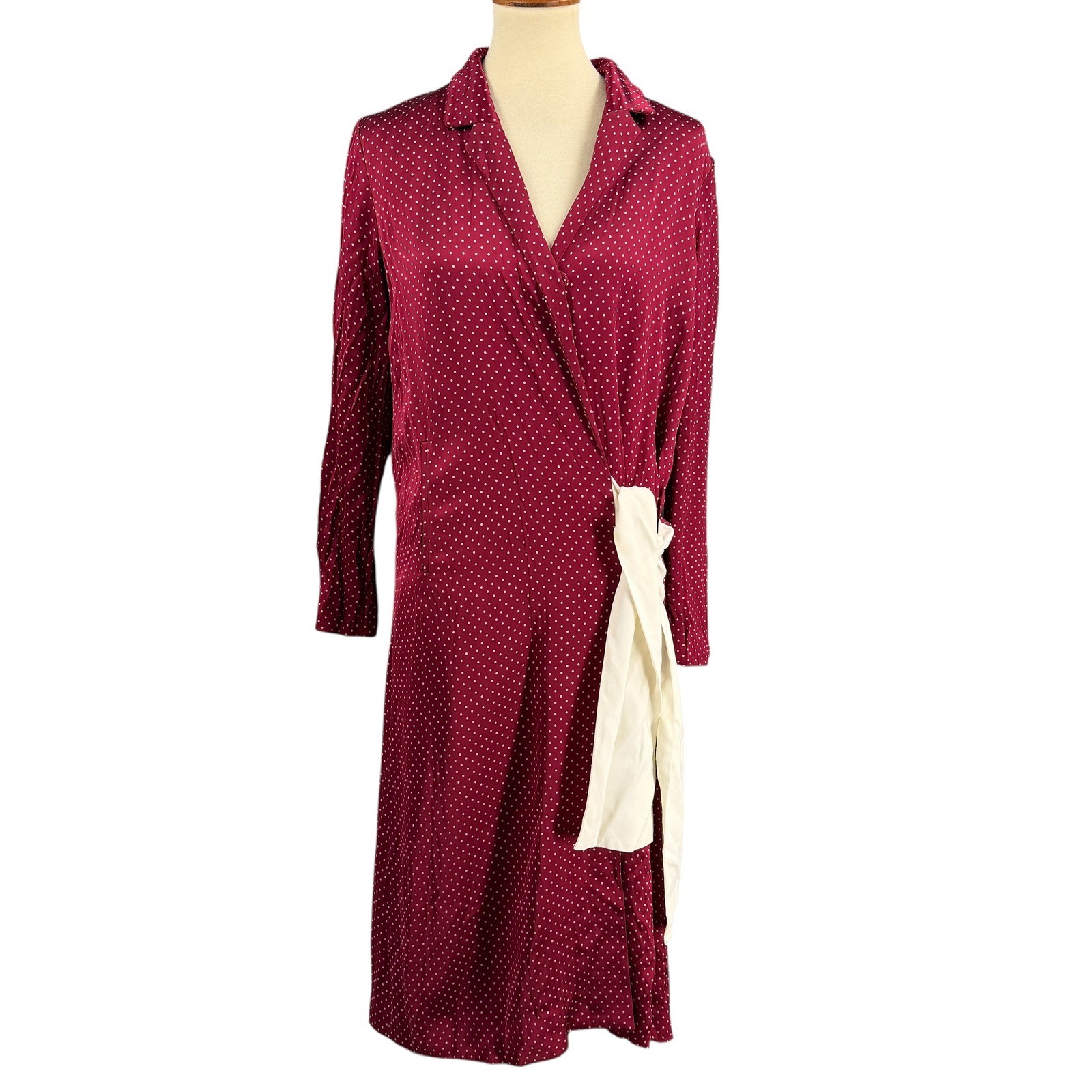 Thakoon Polka Dot Wrap Dress Burgundy White Silk Lined Long Sleeve Est Large