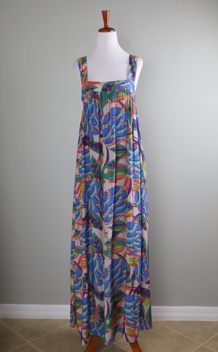 IRIS & INK $260 Shirred Vibrant Floral Print Maxi Apron Tank Dress Size 10