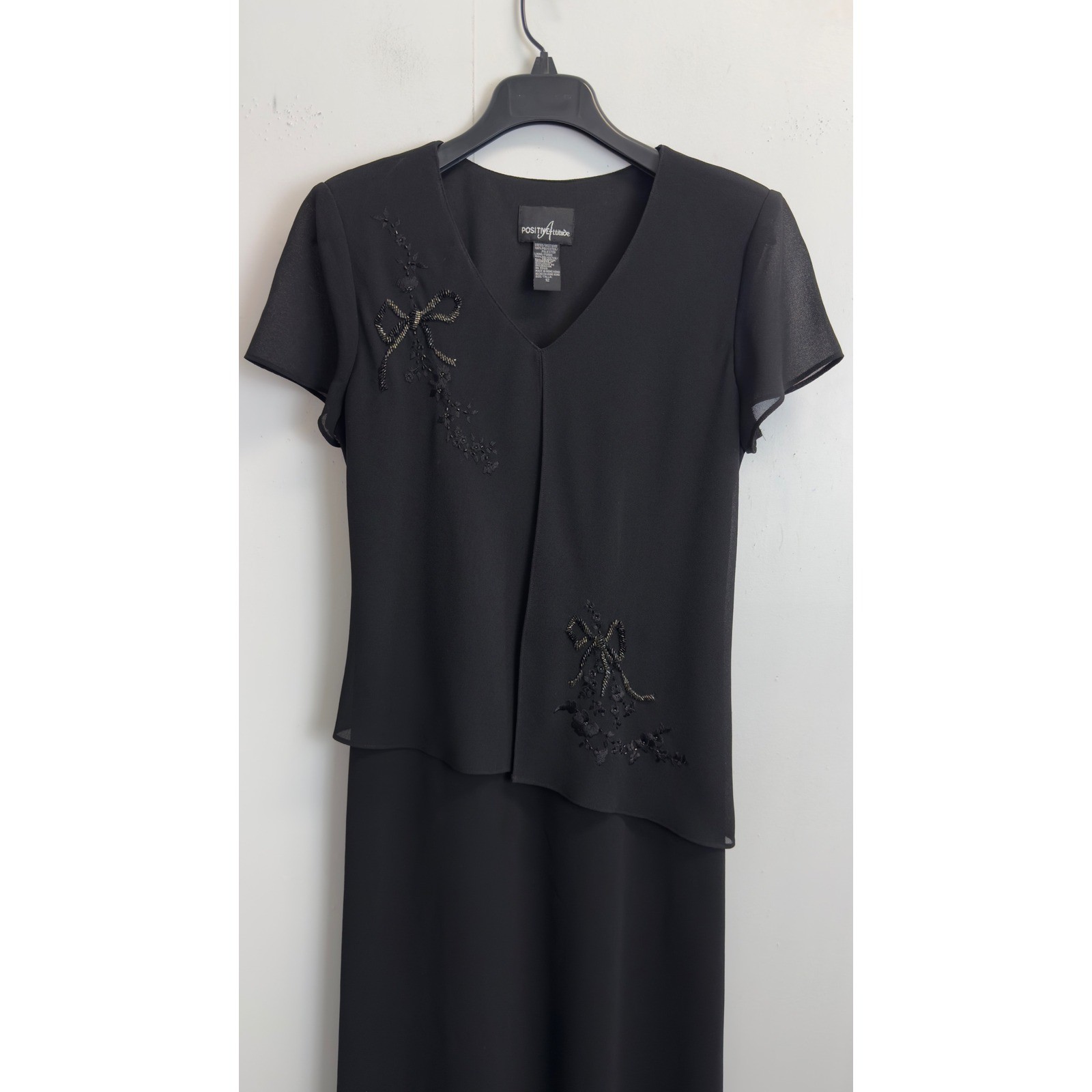 Positive Attitude Womens Black Beaded Bow Midi Dress Mock Two Piece Size 12