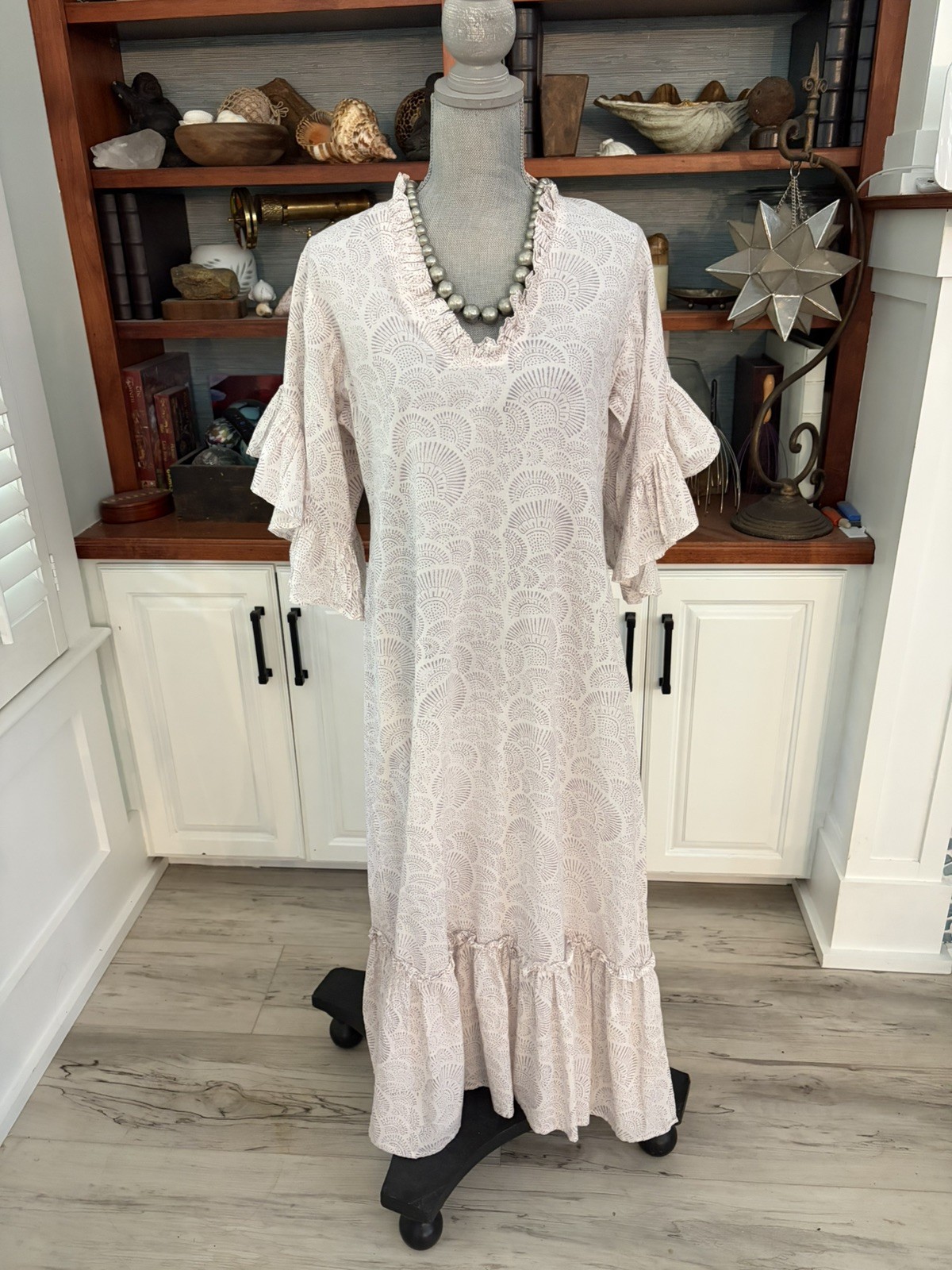 Fitzroy & Willa white pattern Block Print Cotton Ruffle Maxi Dress M 100% Cotton