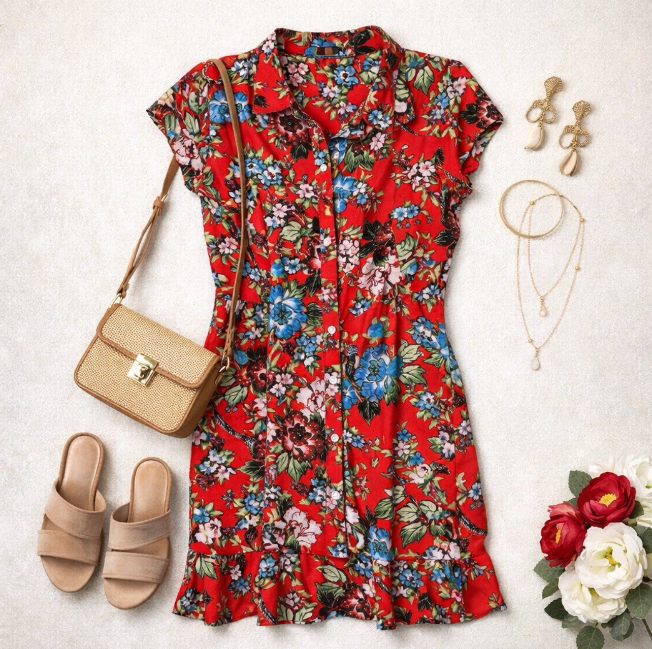 Women’s City Streets Red Tropical Button Down Dress Short Sleeve Size Medium