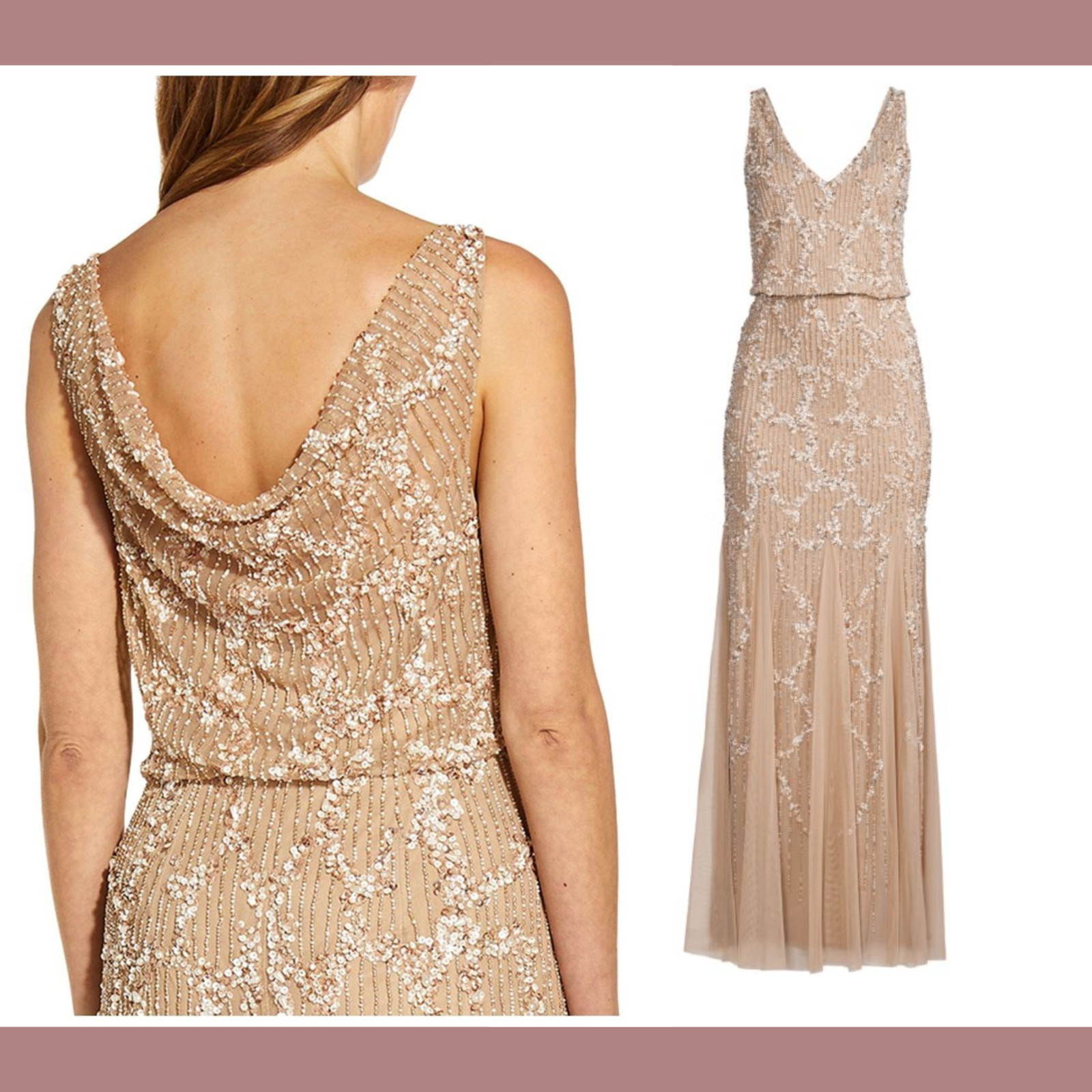 NWT $329 Adrianna Papell [ 14 ] Embellished Cowl-Back Gown in Champagne #G1167