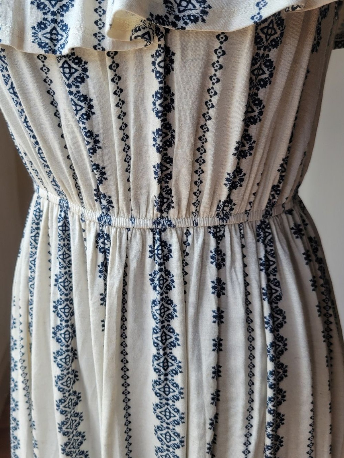 Hem & Thread Off the Shoulder Patterned Midi Dress Cream Blue Boho Size S
