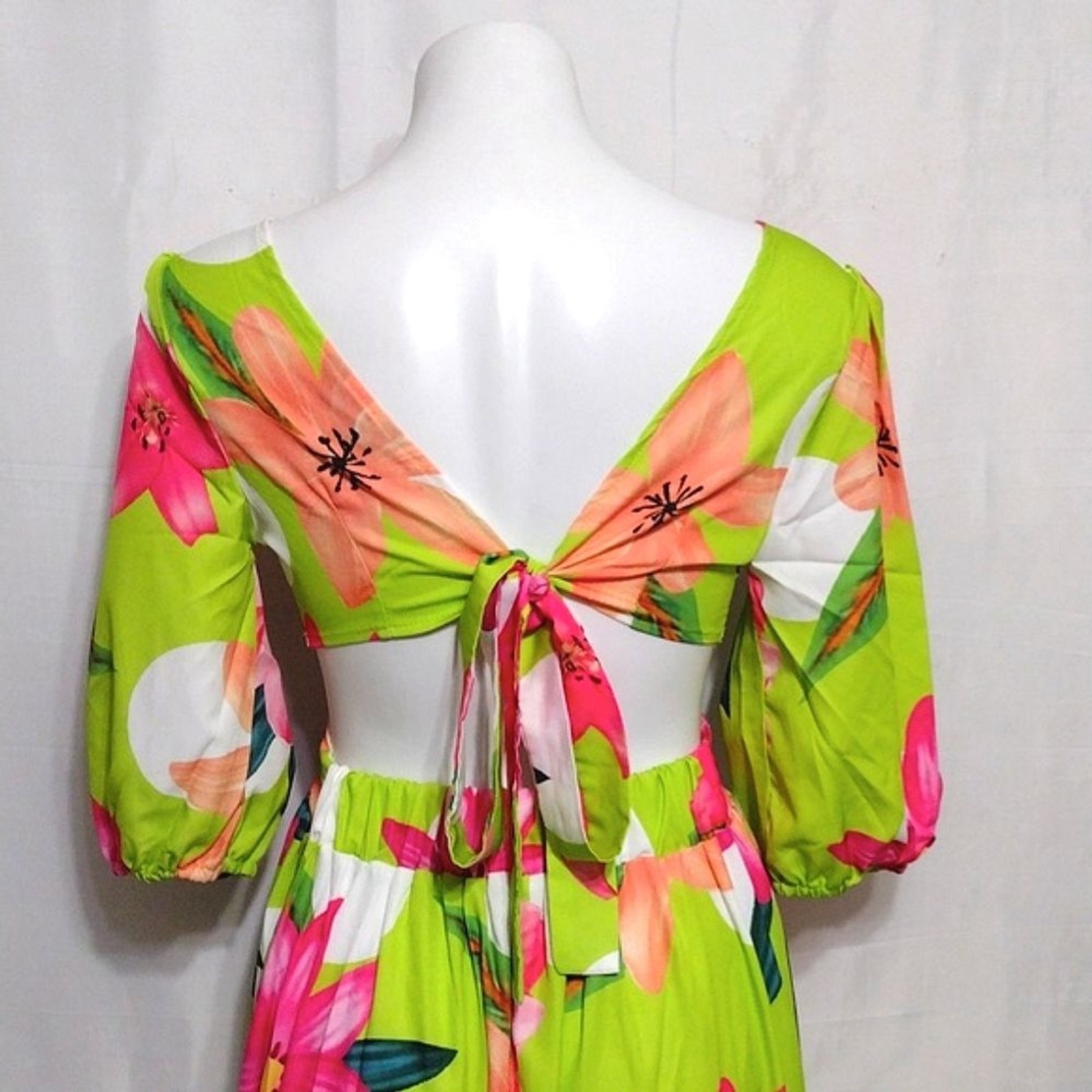 ChicMe Tropical Floral Maxi Dress Small Ring Front Cutout Open Back Double Slit