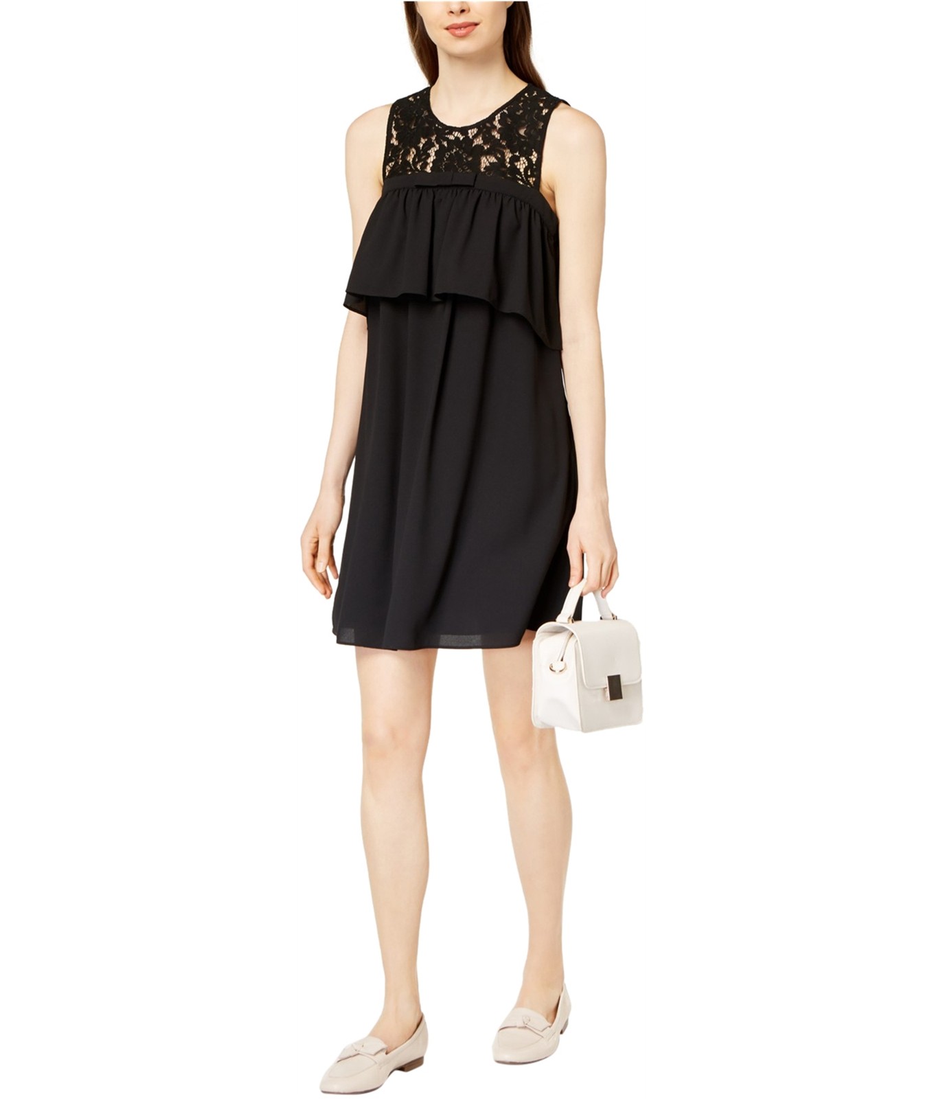 maison Jules Womens Ruffled Lace Trim A-line Dress, deepblack, L