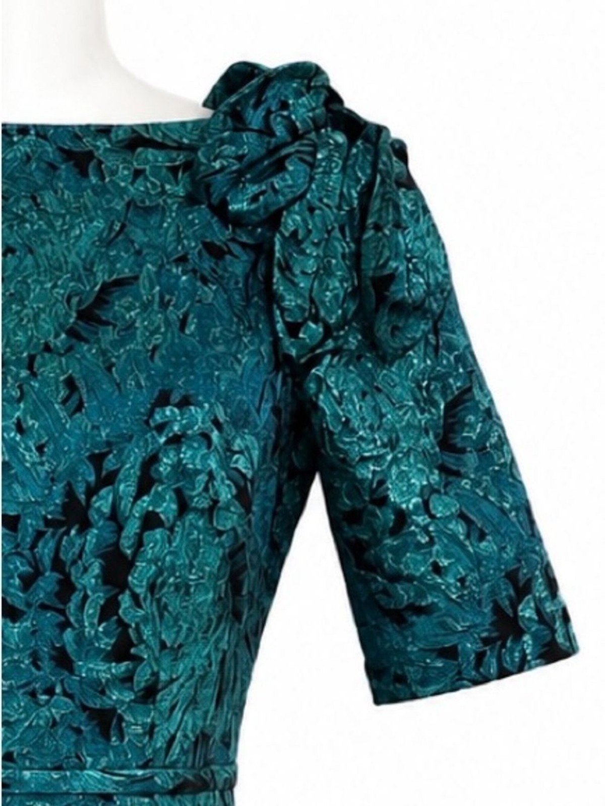 Teri Jon Rickie Freeman Teal Metallic Floral Jacquard Bow Shoulder Sheath Dress