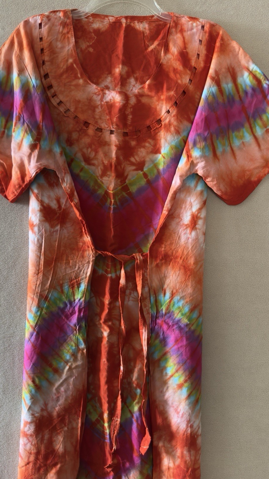 NEW Orange Mix Tie-Dye Dress Fringe Beads Hippie Boho One Size