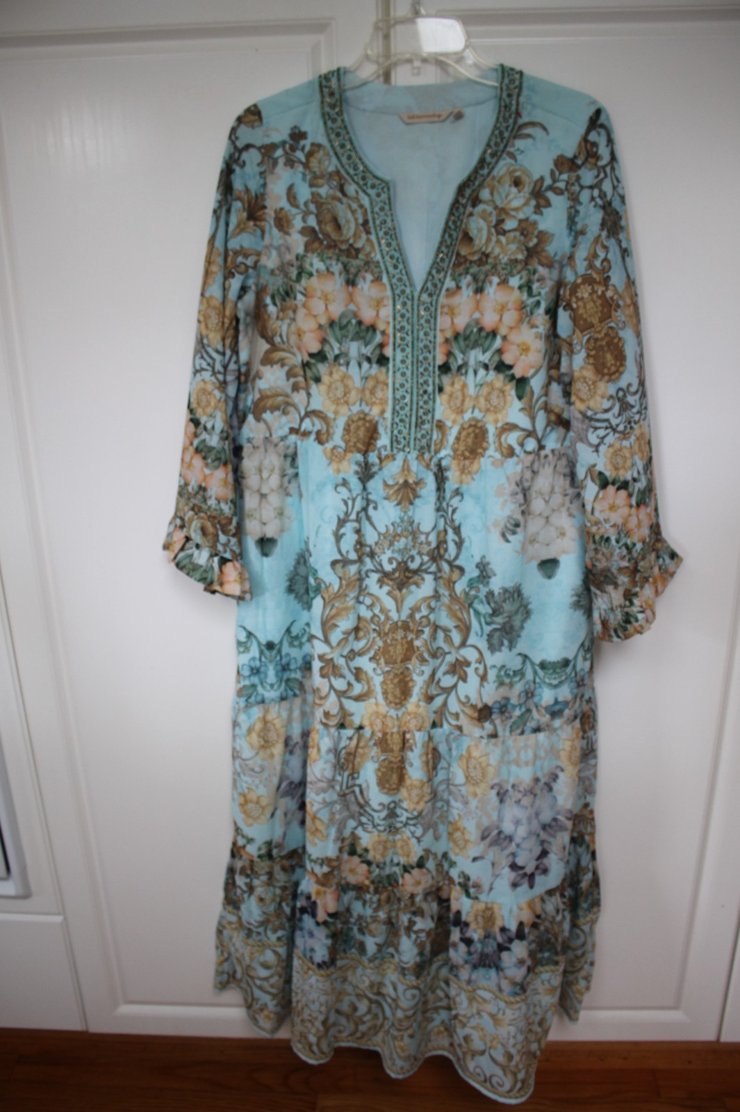 Soft Surroundings Blue Gold Floral Baroque Bead V-Neck Tier Maxi Dress M SUPERB!