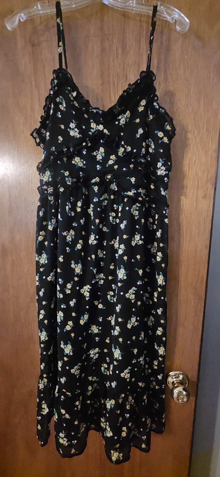 No Boundaries Floral Cami Sundress Large 11-13 Black Yellow Ruffle Tiered Midi