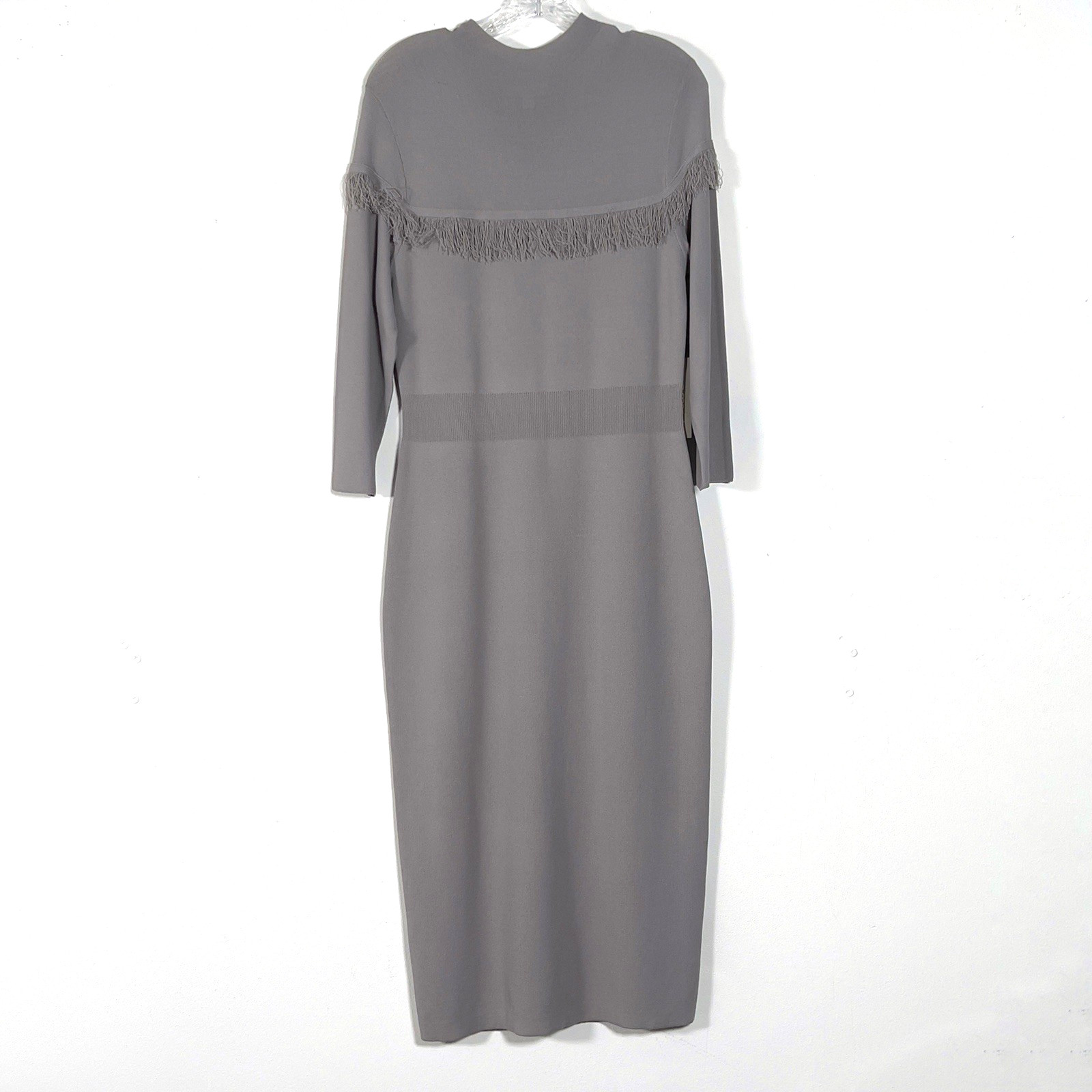 Eva Mendes New York & Co Pullover Knit Midi Dress Sz L Gray Long Sleeve Fringed