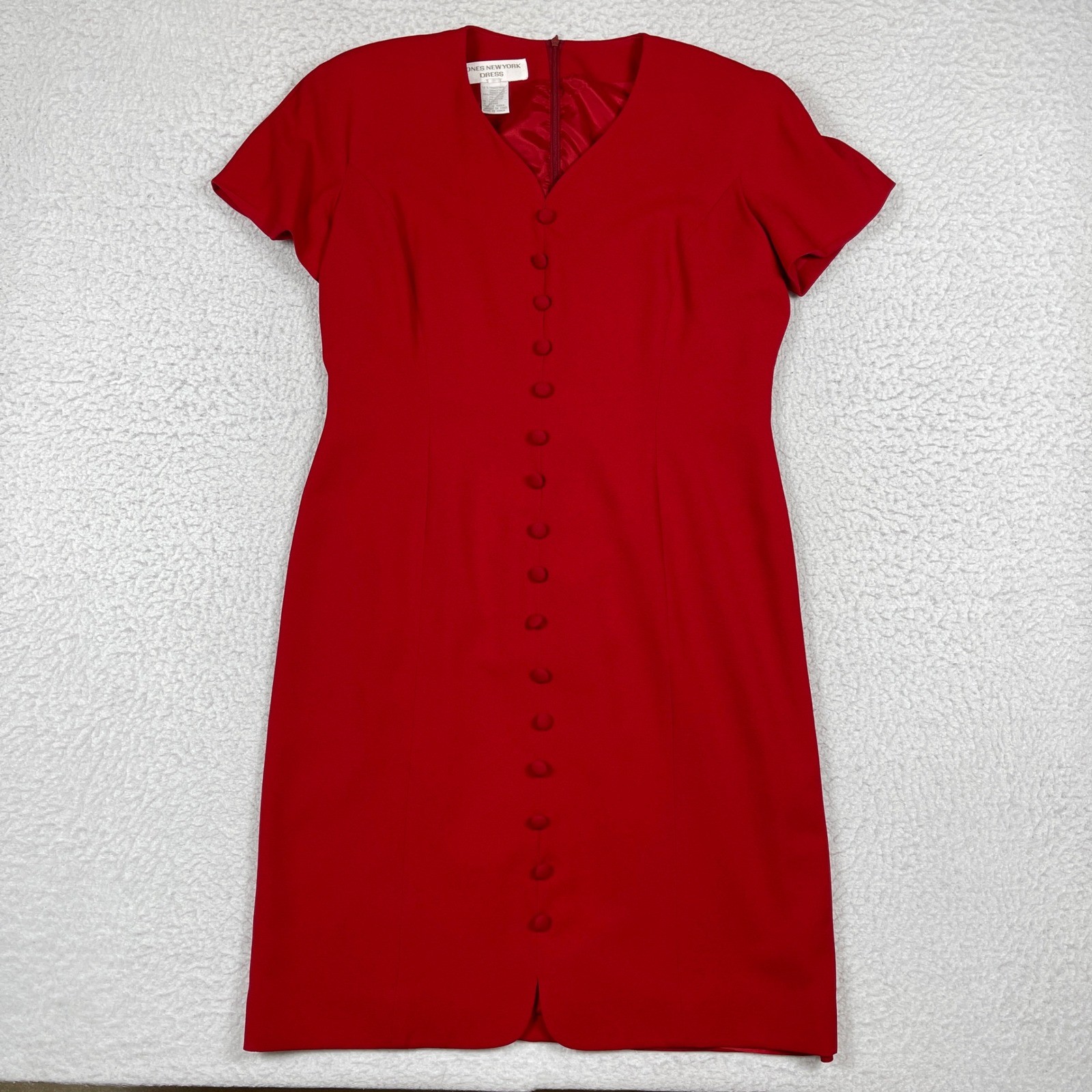 Jones New York Dress Womens 14 Red Short Sleeve Button Front Sheath Vintage