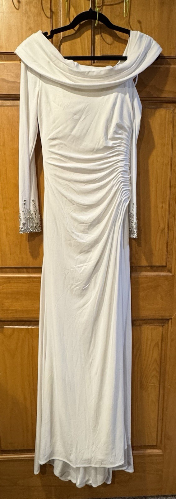 Mac Duggal White Off Shoulder Long Sleeve Beaded Cuff Side Slit Bridal Gown