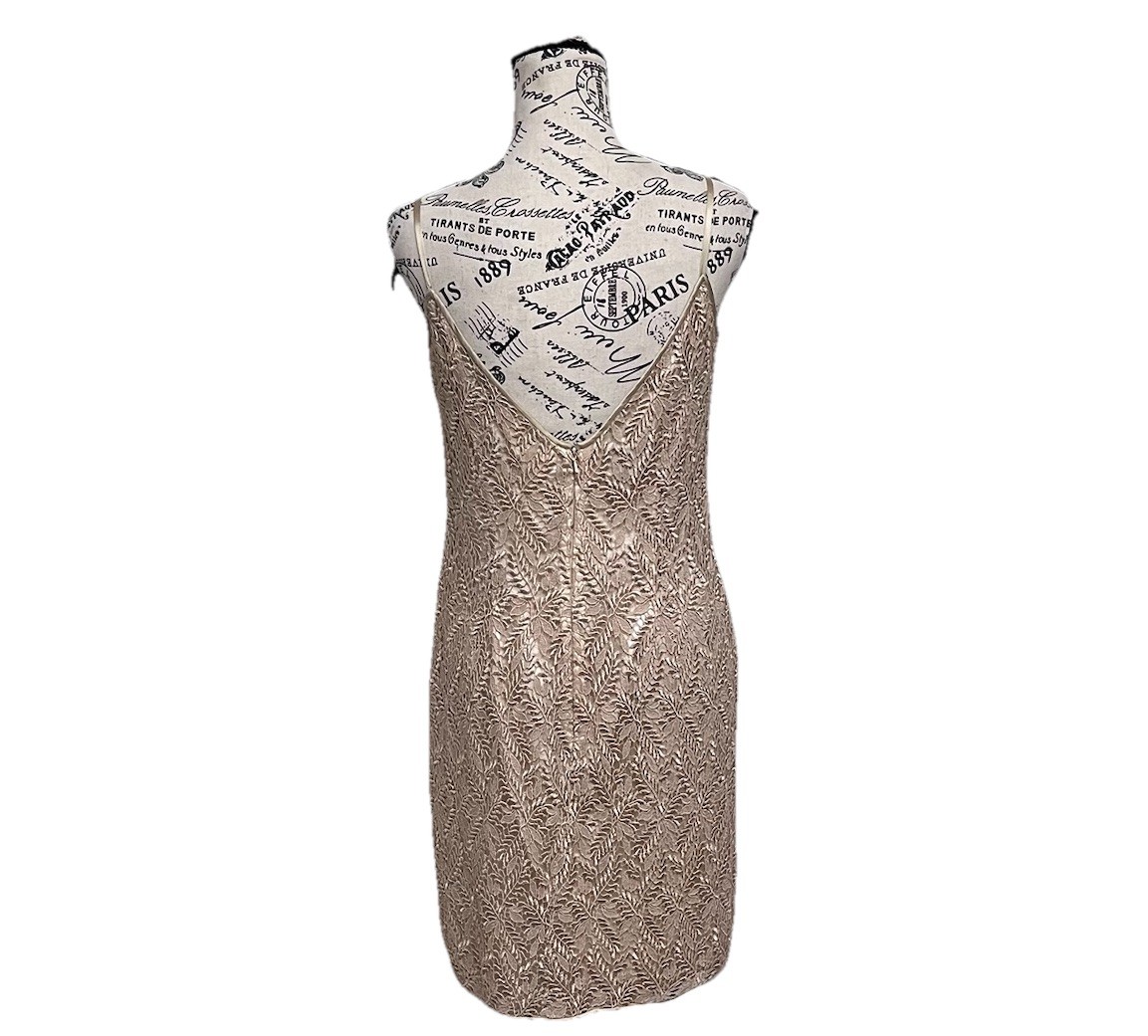 Oleg Cassini Champagne Crochet Mini Dress 8P Metallic Formal Cocktail Party