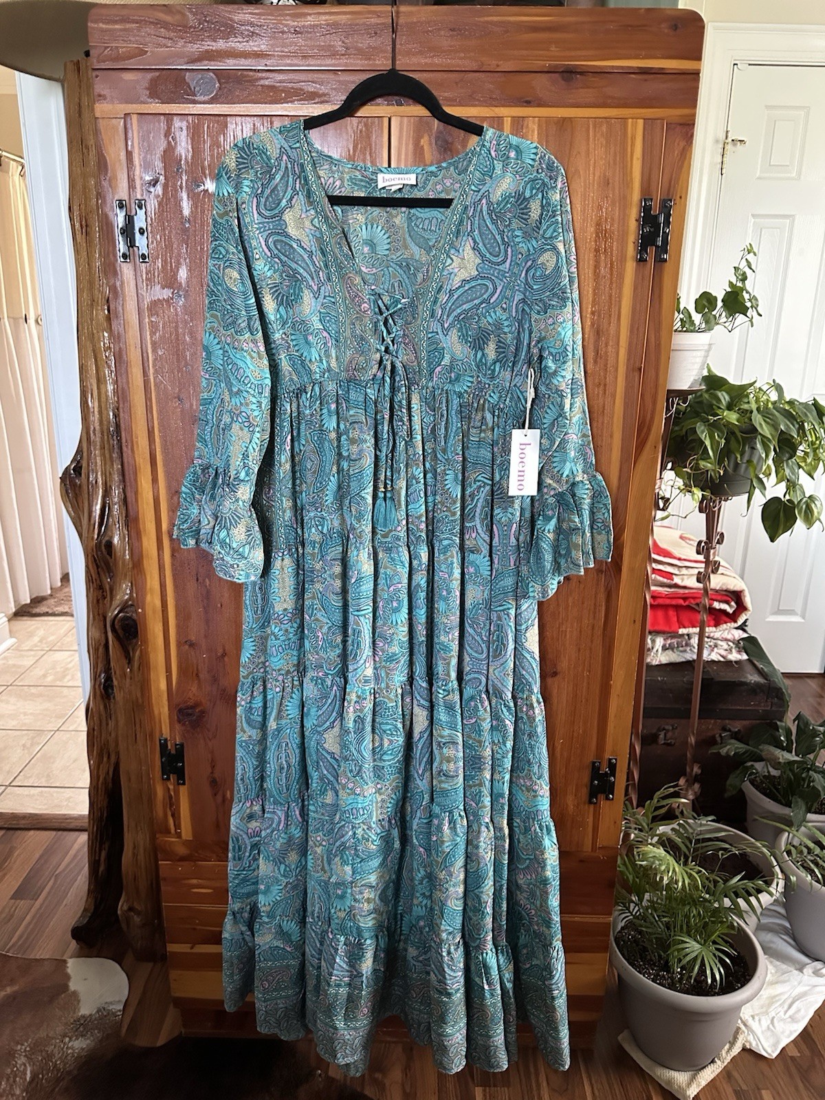 Boemo Paisley Maxi Dress XL Lace-Up Tasseled Long Sleeve Blue Green Pink Beige