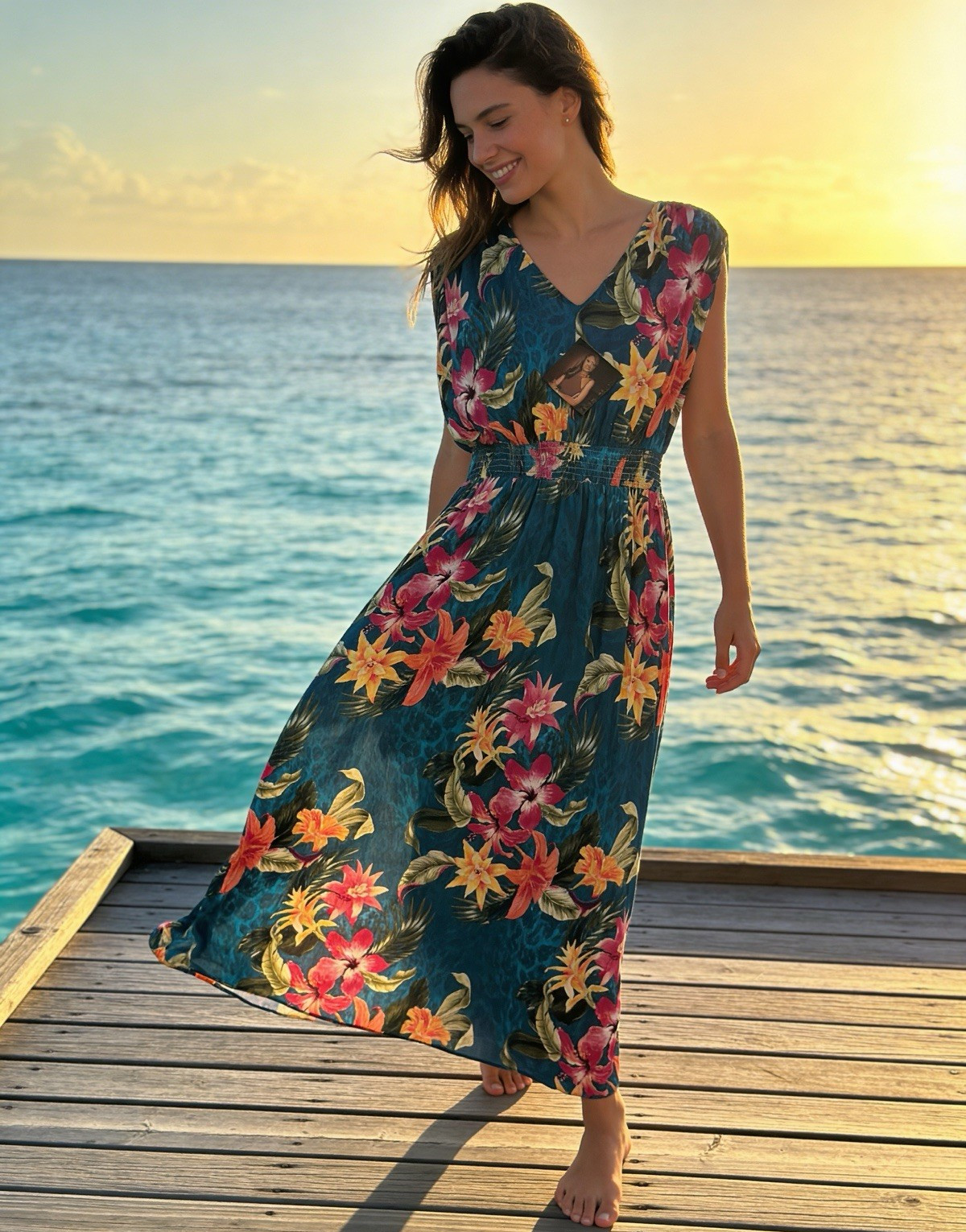 IMAN Women’s Blue Tropical Floral V-Neck Sleeveless Ruffle Maxi Dress Size S